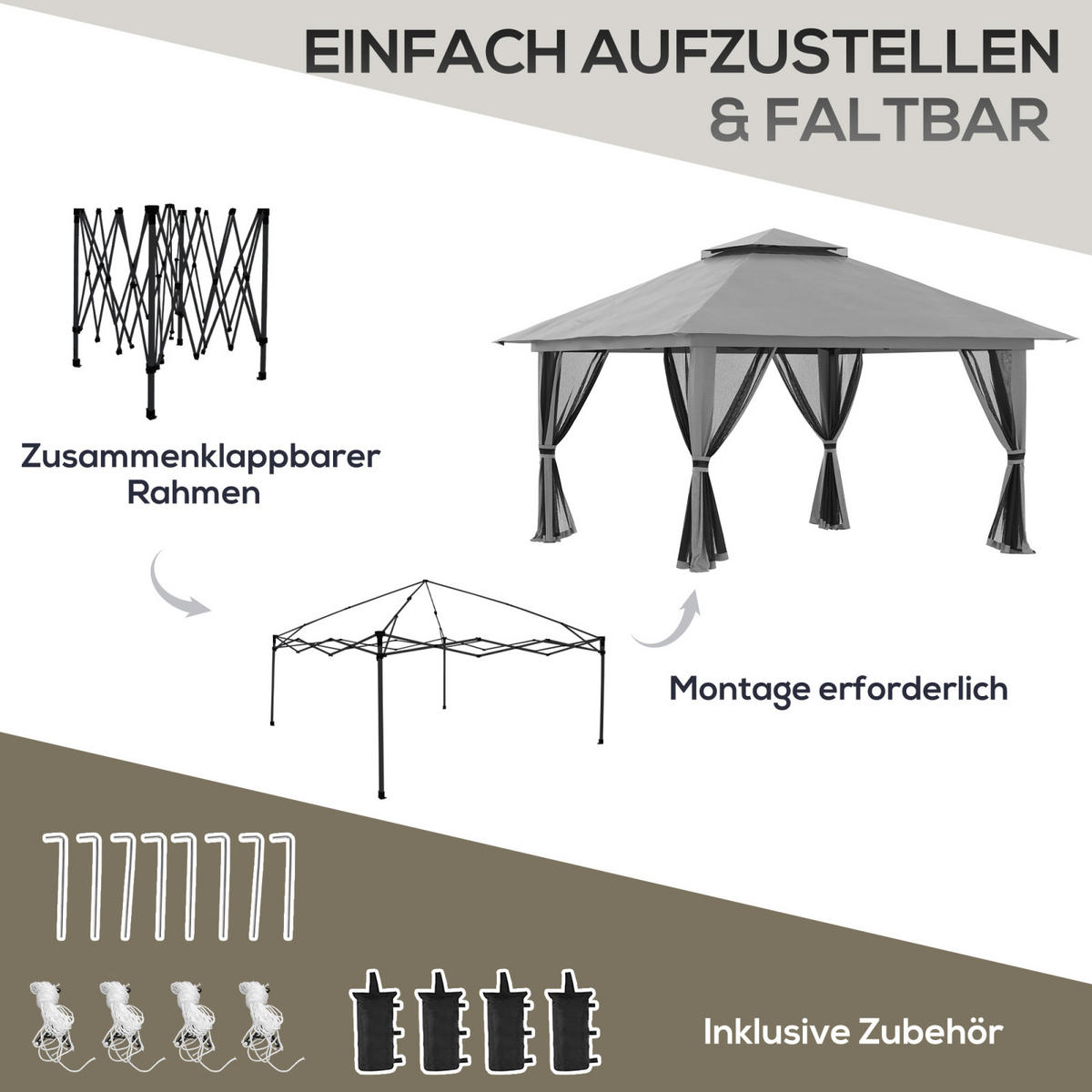 FALTPAVILLON 4x4m mit UV-Schutz und Netzwänden, Pop-Up, Doppeldach, wetterfest und dunkelgrau - Dunkelgrau, Metall (392/283/392cm) - Hauptrolle