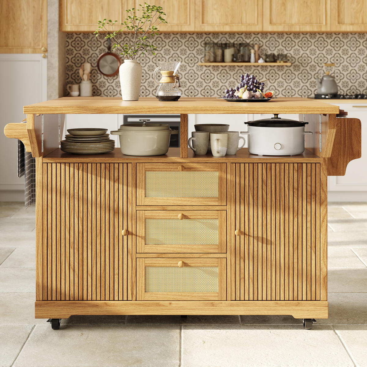 KÜCHENINSEL Ausklappbar PE Rattan Naturbraun - Naturfarben, Holzwerkstoff (142.5/95/80cm) - FLIEKS