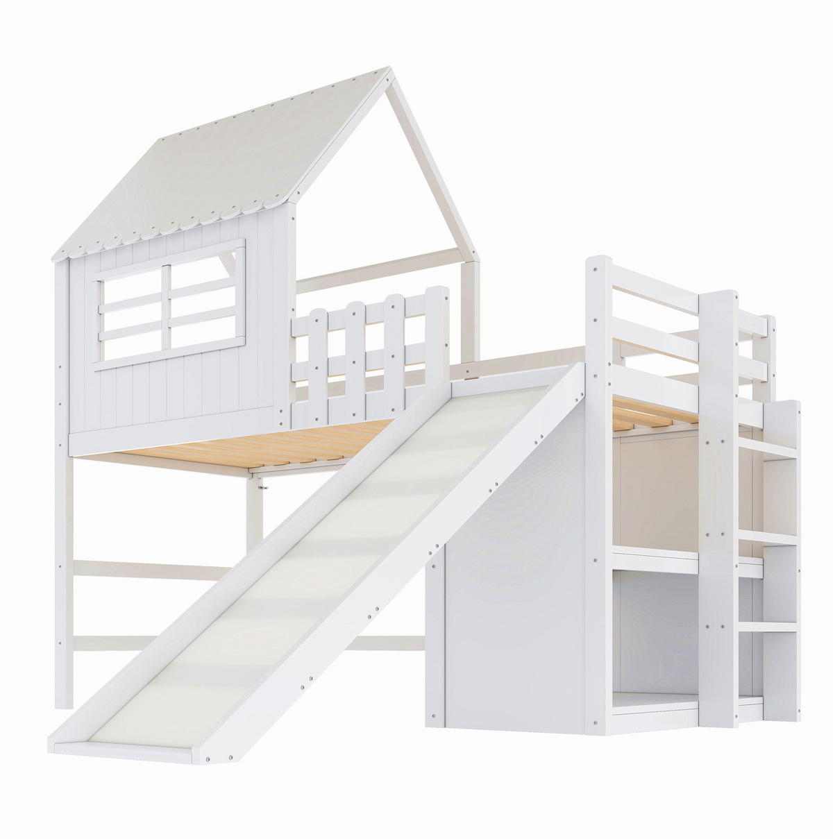 KINDERBETT aus Massivholz und MDF 90x200 cm Weiß/Rosa mit Rutsche, Leiter und Stauraum - Weiß, Holz (90/200cm) - Modfu
