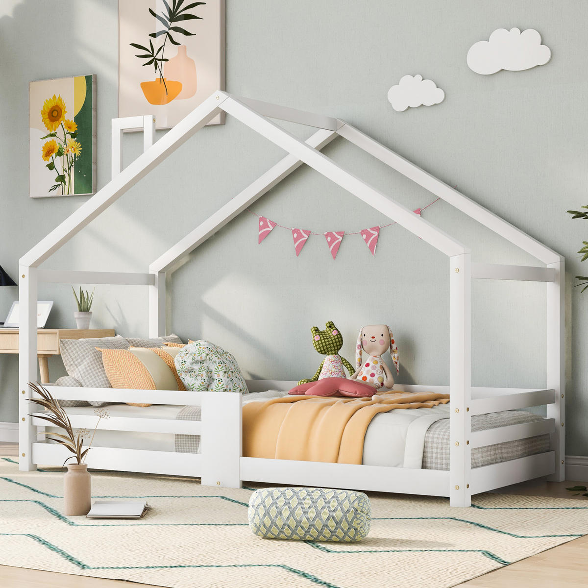 KINDERBETT Kindereinzelbetten 90/200 cm mit Rausfallschutz, Lattenrost und Schornstein-Design aus Kiefernholz, Weiß - Weiß, Holz (90/90cm) - Redom