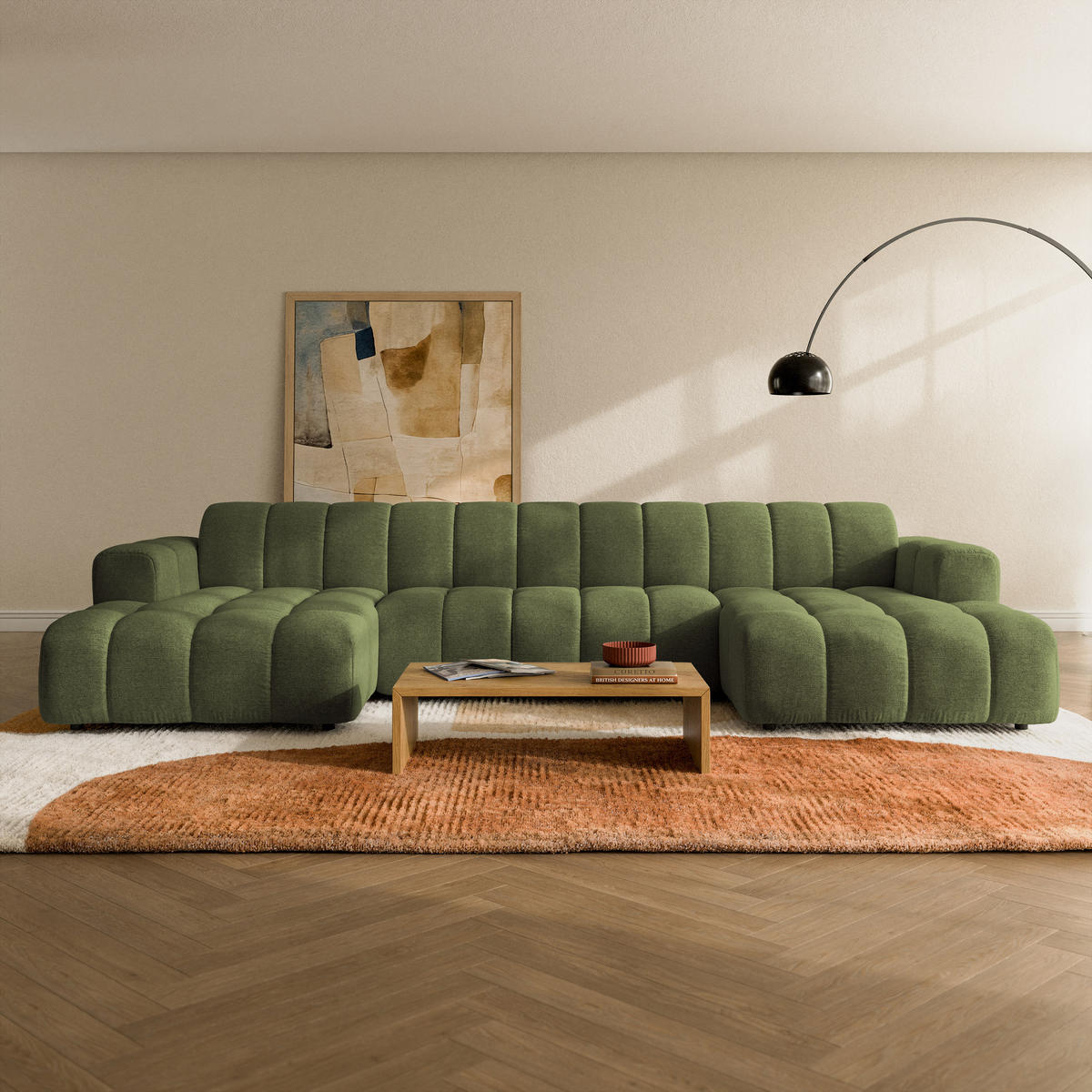 WOHNLANDSCHAFT AENIS Olivgrün Strukturstoff - Olivgrün, Holz (398/85/165cm) - MASSENO