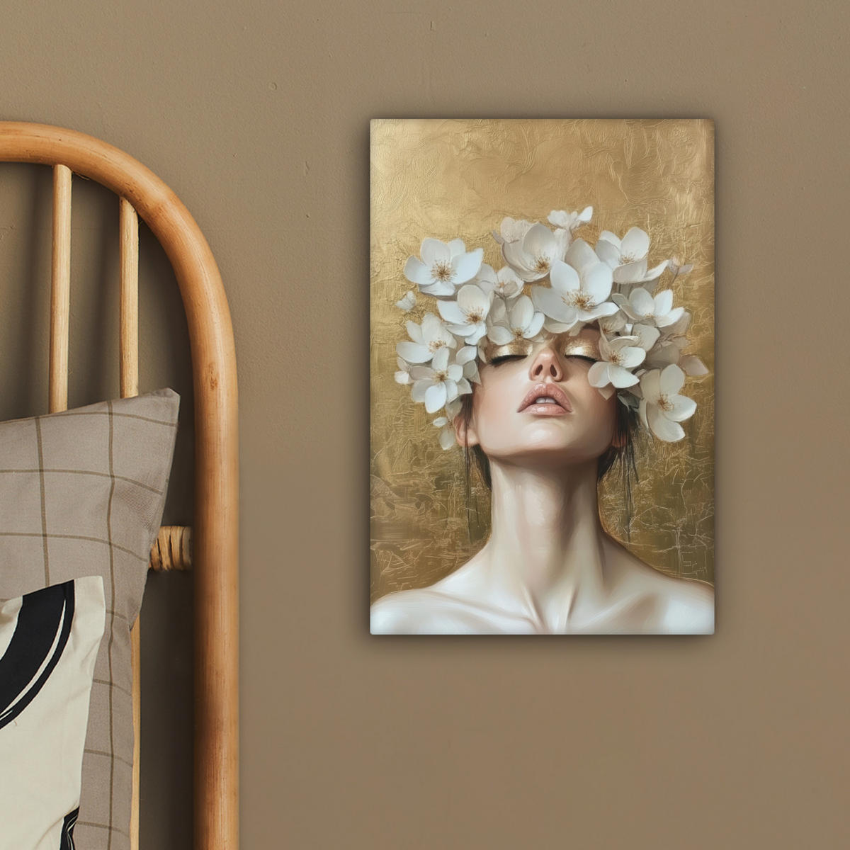 LEINWANDBILD Gesicht - Blumen - Gold - Abstrakt Deko Wohnzimmer 20x30 cm - Goldfarben, Textil (20/30cm) - MuchoWow