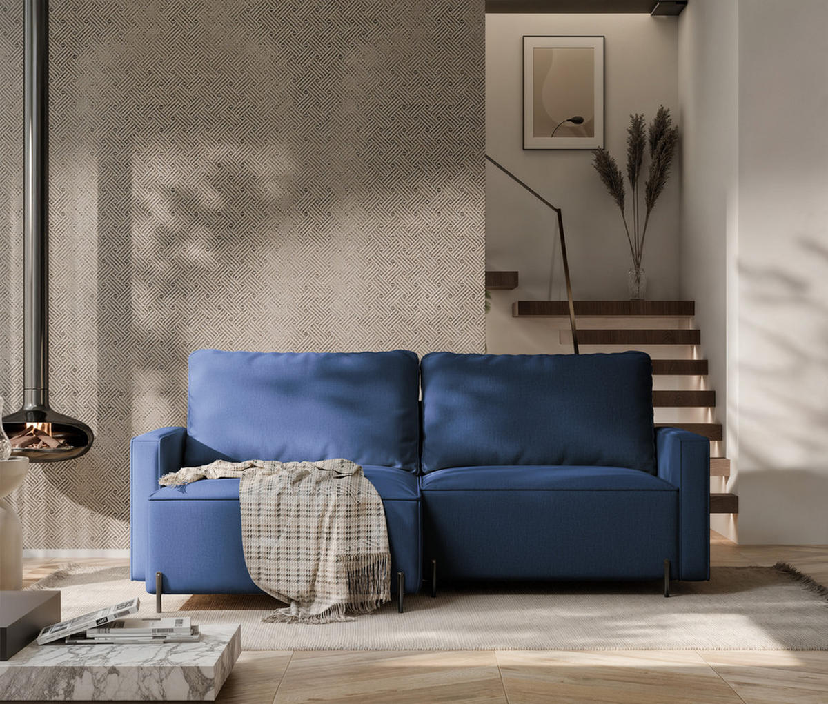 ECKSOFA LEO Links, mit Schlaffunktion und Bettkasten, Marineblau - Dunkelblau, Textil/Metall (229/148cm) - Idohome
