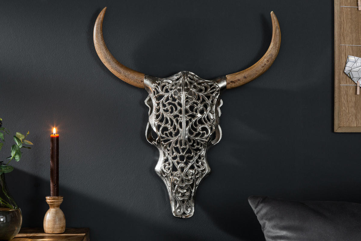 WANDDEKORATION EXOTIC BULL Mango Silber 60 cm - Silberfarben, Holz/Metall (51/57/11cm) - riess-ambiente