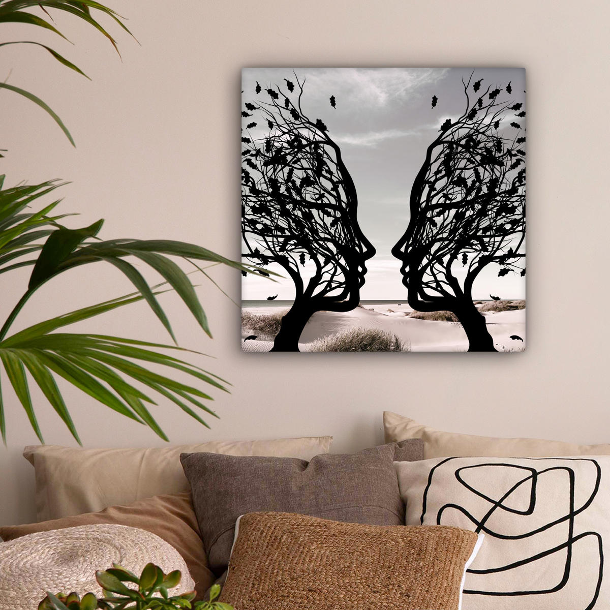 LEINWANDBILD Strand - Meer - Menschen - Baum - Moderne Kunst 50x50 cm - Hellgrau, Textil (50/50cm) - MuchoWow