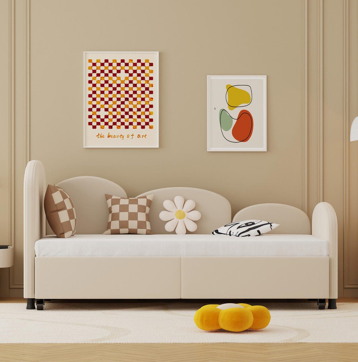 KINDERBETT 90/200 cm mit Schublade und Blumenform, Samtbezug, Beige - Beige, Textil (90/200cm) - Redom