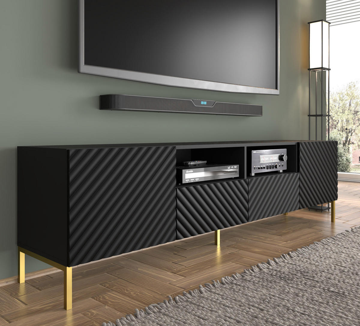 TV LOWBOARD Schwarz, Gold 200/56/42 - Hellbraun/Schwarz, Holzwerkstoff (200/56/42cm) - RAUMHIRSCH FURNITURE