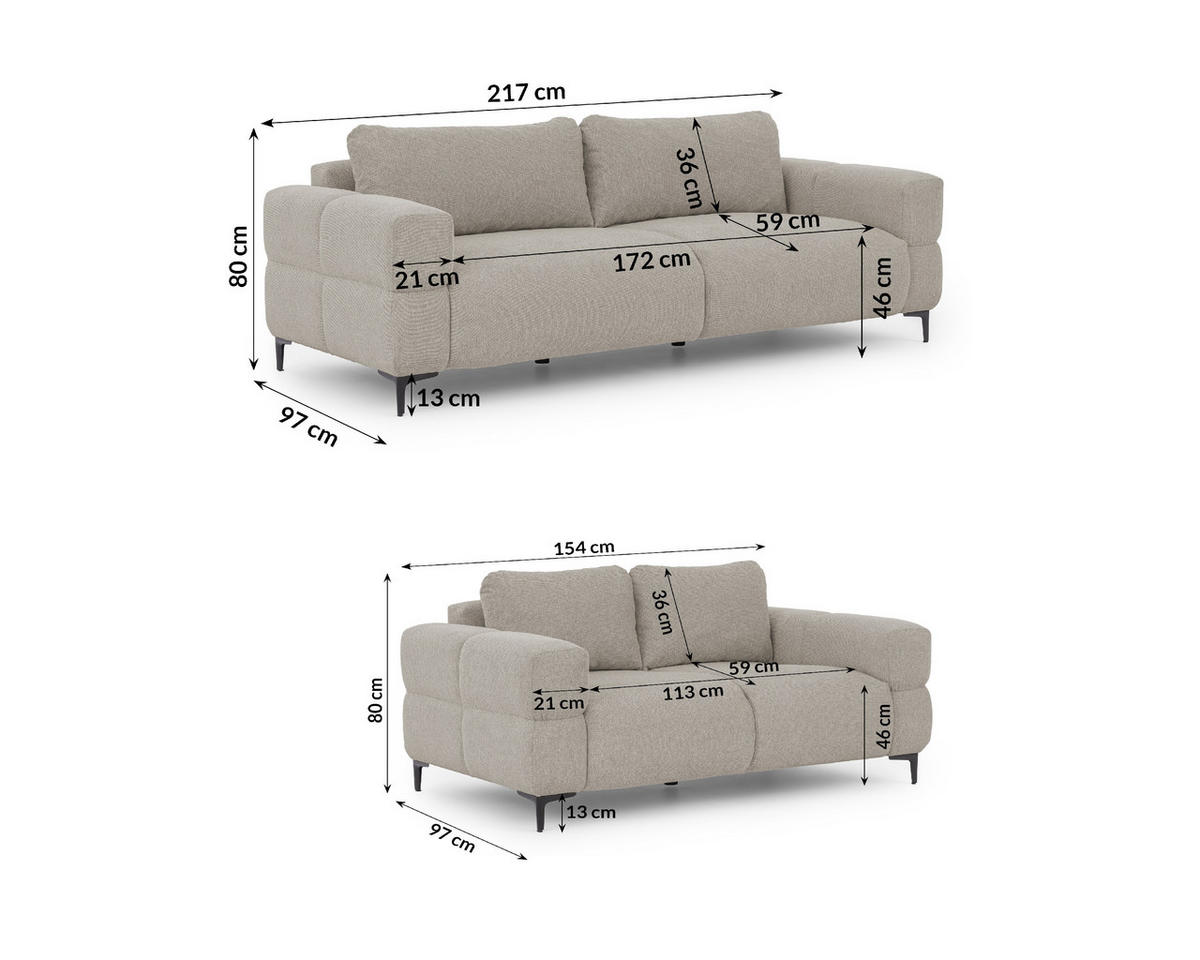 SITZGARNITUR 3+2 Cardea in Bubble-Optik aus weichem Taupe Strukturstoff mit hohem Sitzkomfort - Taupe/Schwarz, Holz/Textil (217/80/97cm) - S-Style Möbel