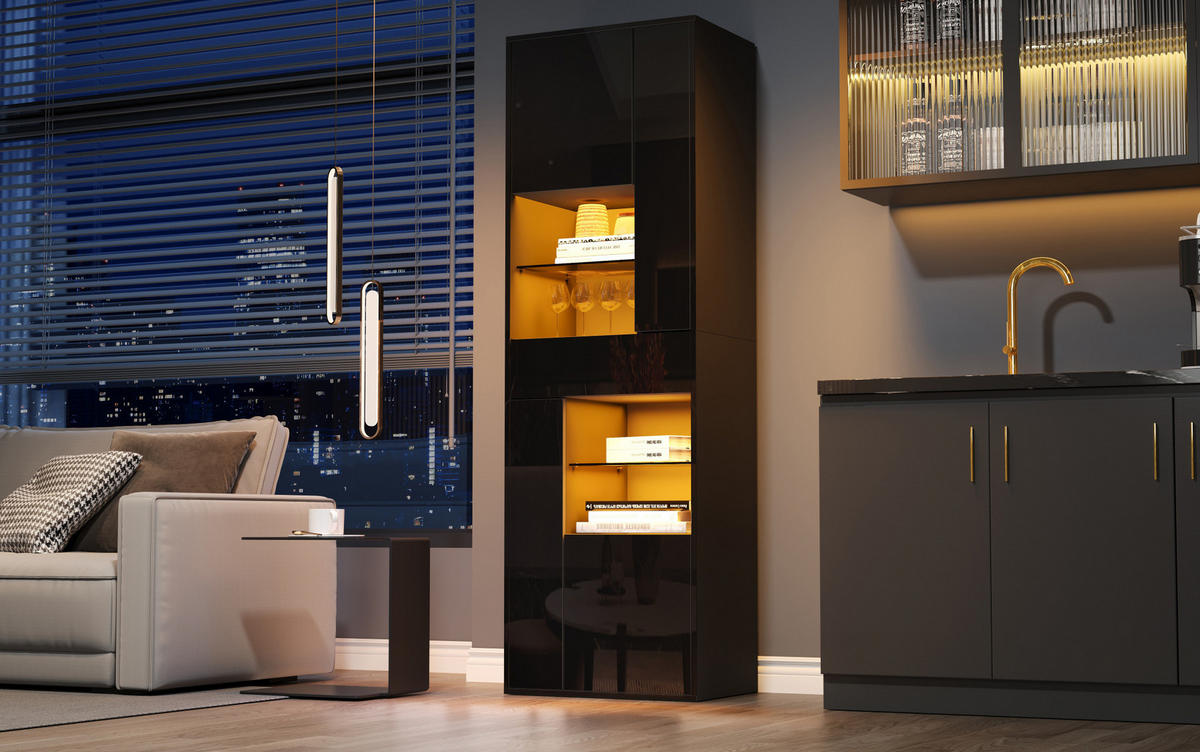 VITRINE aus Spanplatte 55x38x170 cm Schwarz mit LED-Beleuchtung, Hochglanzfront und verstellbaren Einlegeböden - Schwarz, Holzwerkstoff (55/170/38cm) - Modfu