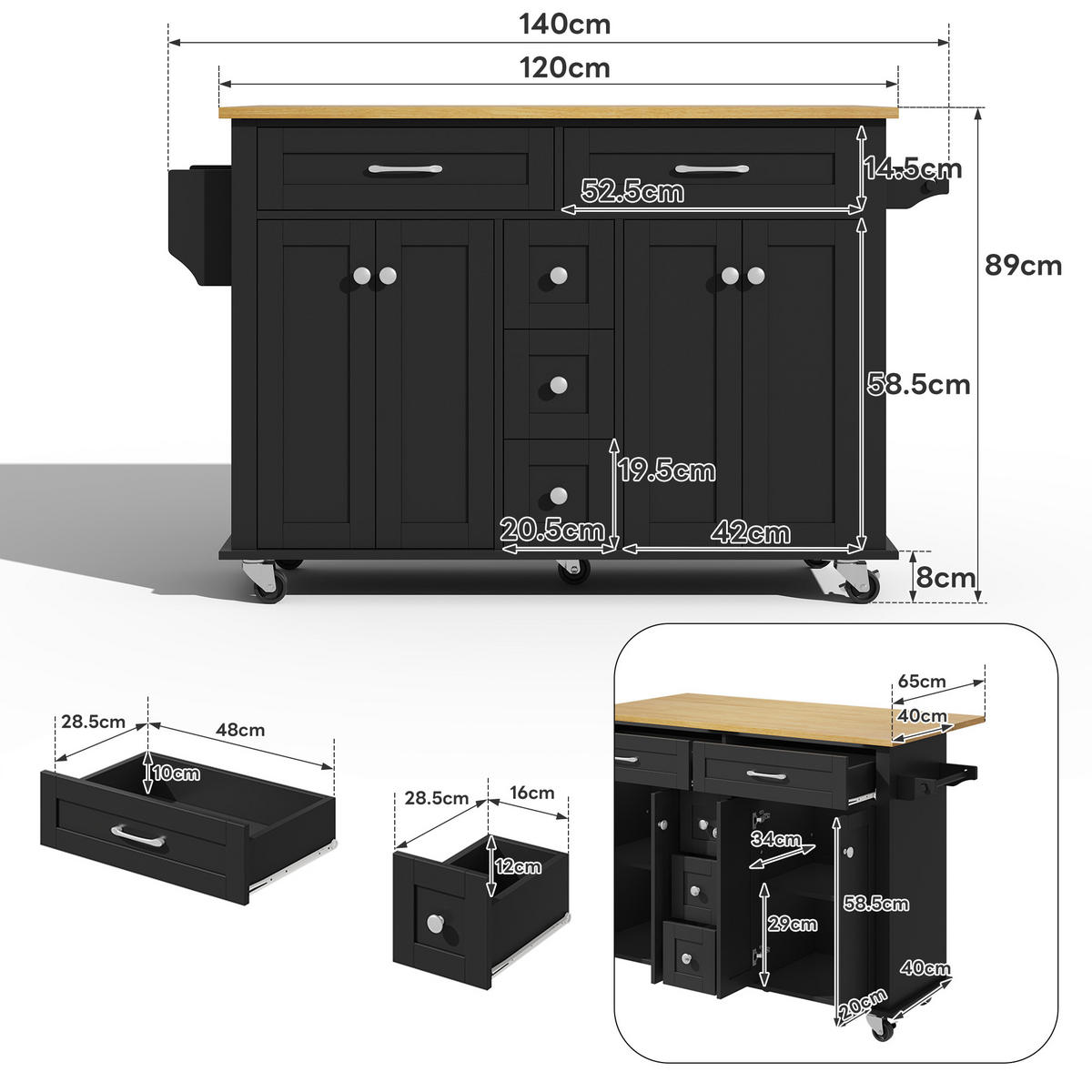 KÜCHENINSELWAGEN 140x65x89cm Schwarz mit ausklappbarer Platte, Schubladen & 5 Rollen - Schwarz, Holzwerkstoff (140/89/65cm) - Modfu