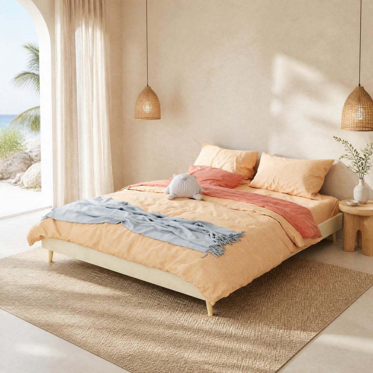 POLSTERBETT 160/200 mit Hollandvelours und geometrischem Design in Beige - Beige, Holzwerkstoff/Textil (160/200cm) - EVRYAE