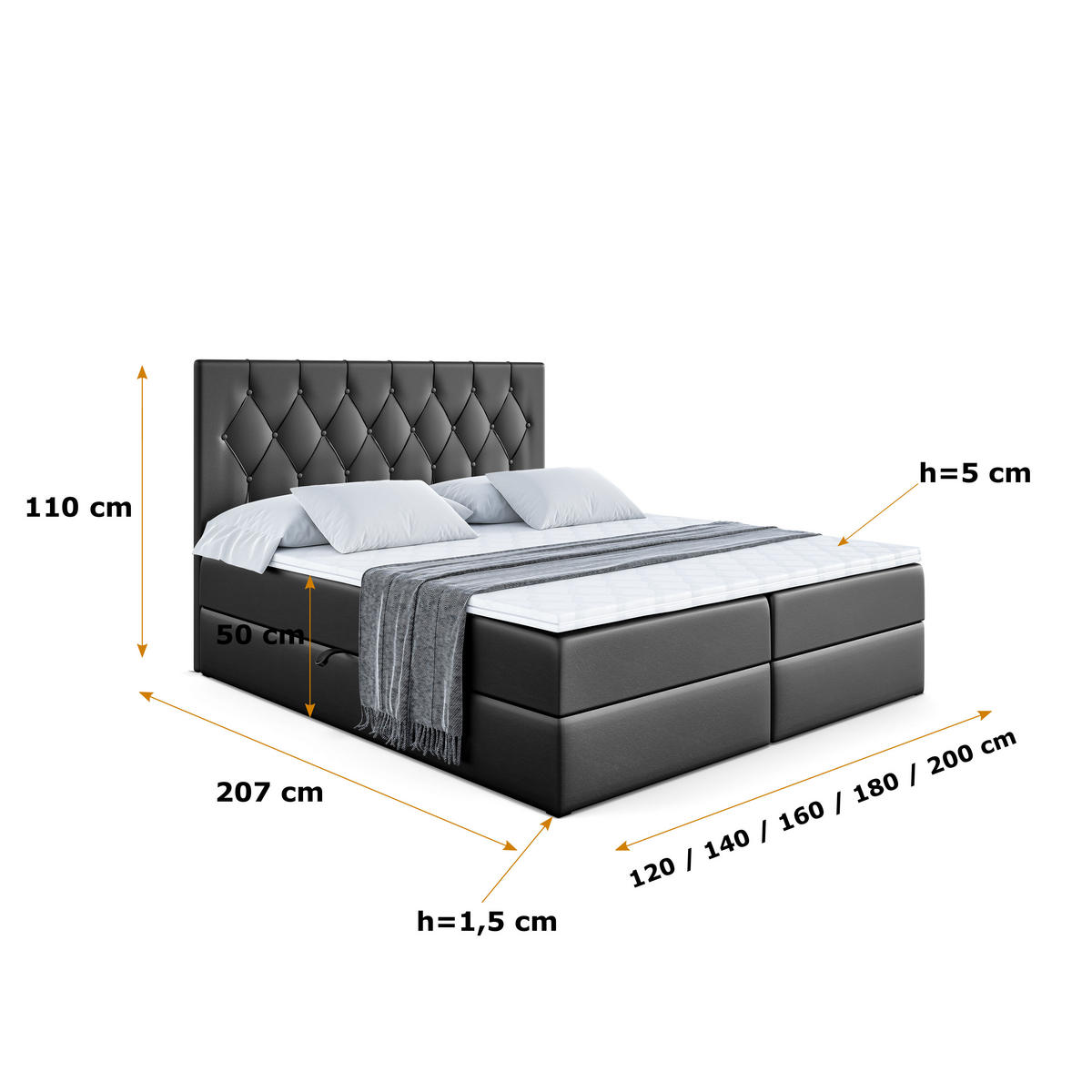 BOXBETT mit H4-Matratze und Lattenrost - VELANTO-BZ - 180x200 Hellgrau - Schwarz Hochglanz, Holzwerkstoff (180/200cm) - ALTDECOR