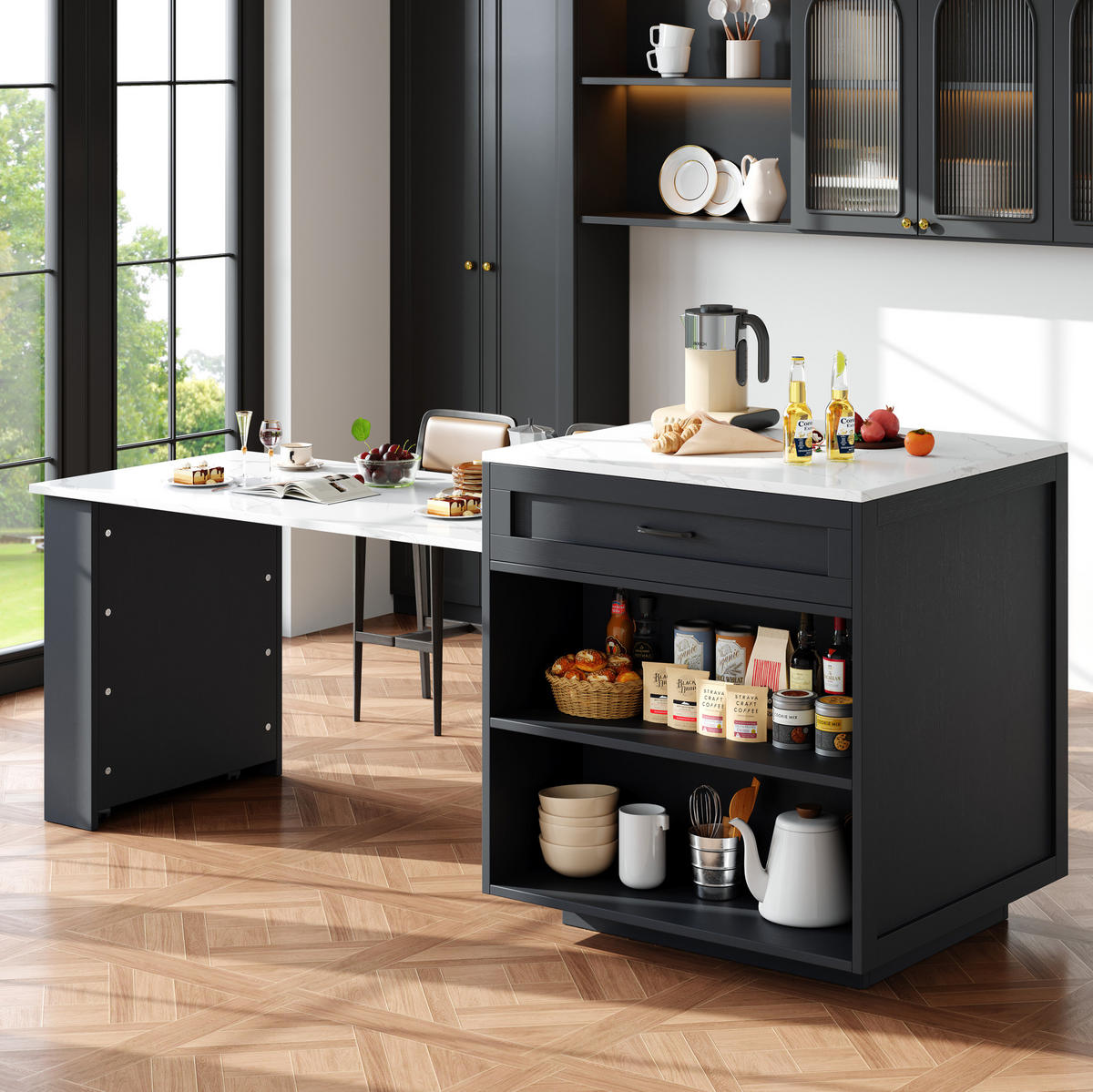 AUSZIEHBARER Bartisch aus MDF mit Stauraum, 133-202/70/93,5 cm, Schwarz - Schwarz, Holzwerkstoff (70/93.5/133cm) - Redom