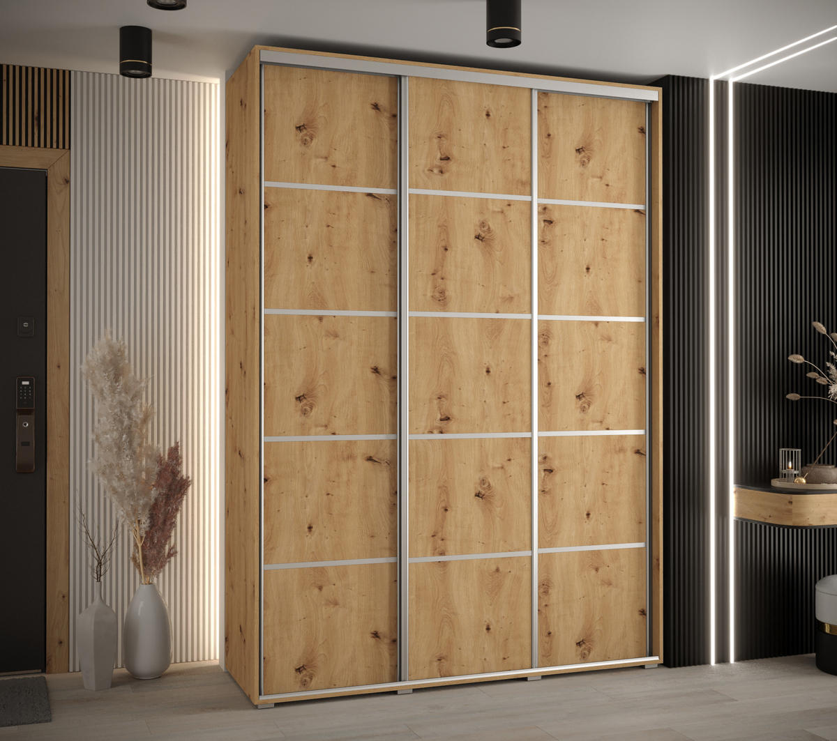 SCHWEBETÜRENSCHRANK 235,2/180/60 3-türig - Silberfarben/Eiche Artisan, Holz/Metall (180/235/60cm) - Abiks Möbel