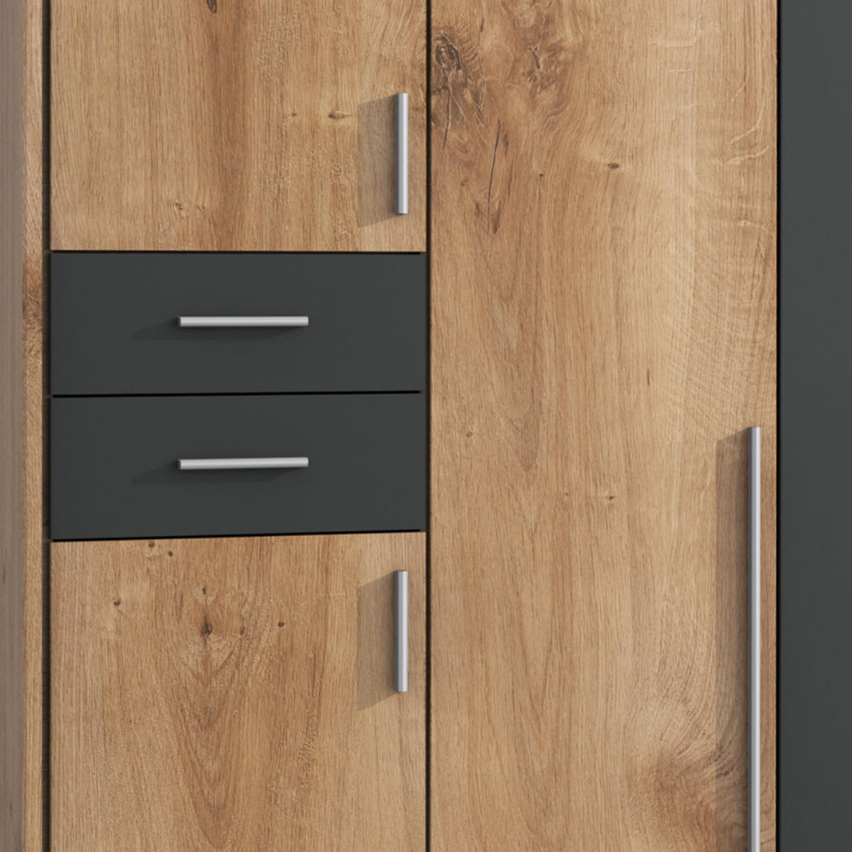 DREHTÜRENSCHRANK Kleiderschrank B273/H210/T58 cm mit Schubkästen & Passepartout & 2 Spiegeltüren, Eiche Dekor mit Absetzungen in Grafit / 22576 - Eichefarben/Silberfarben, Holzwerkstoff/Kunststoff (273/210/58cm) - luma-home