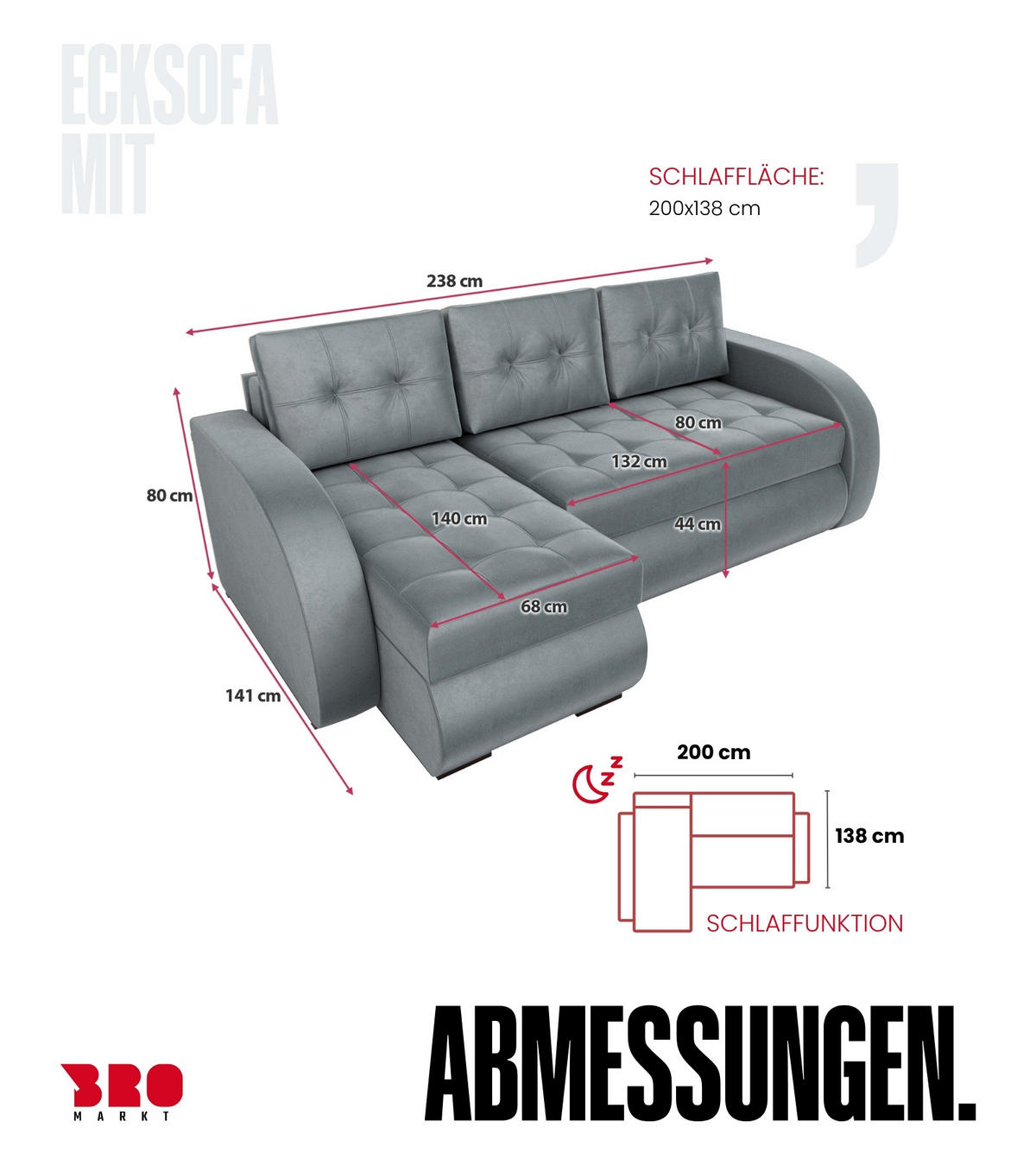 ECKSOFA Bergen mit Schlaffunktion Grau Samtstoff - Grau, Textil (238/141cm) - Bromarkt