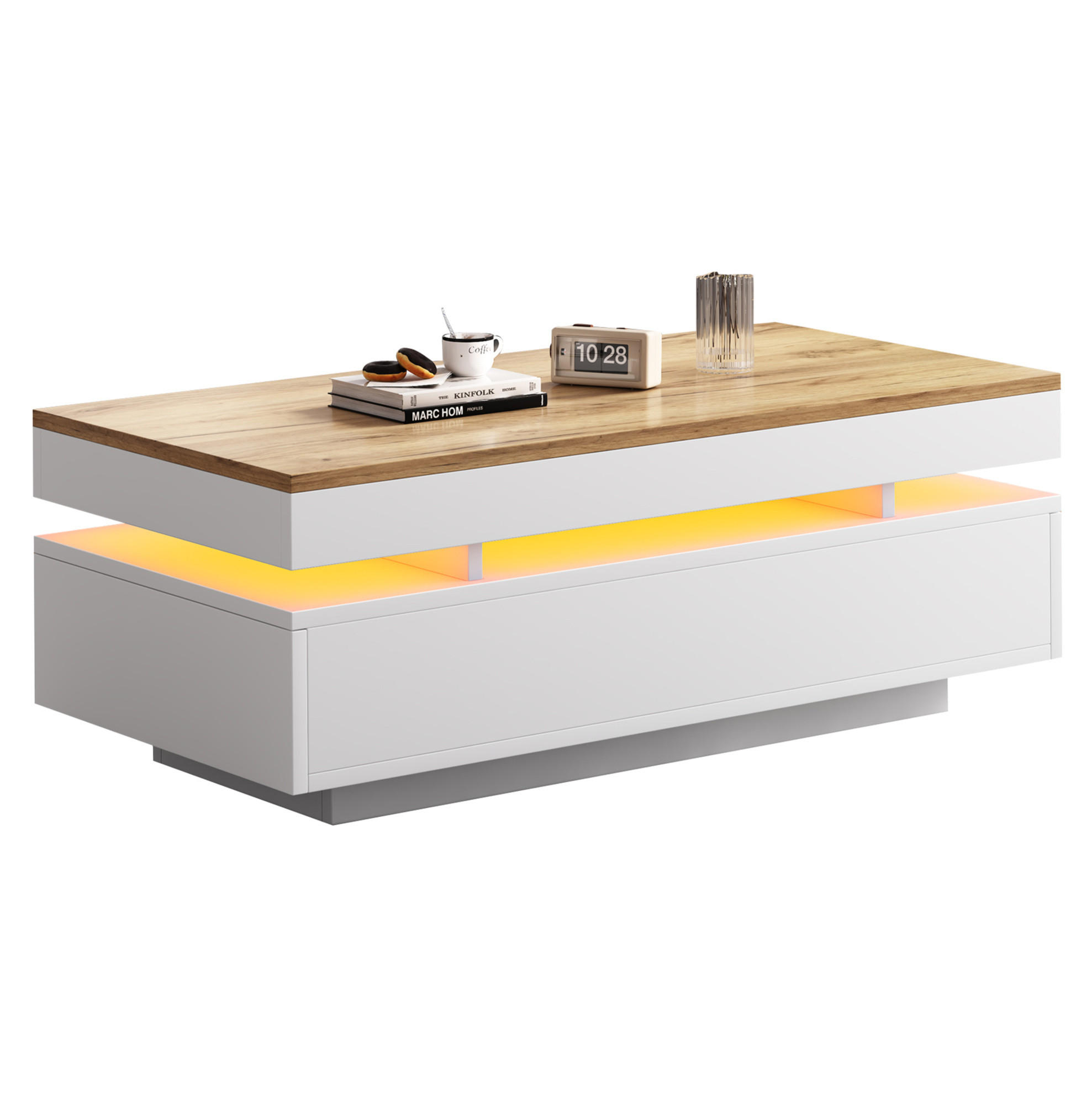 COUCHTISCH 100/50/35 cm Weiß + Holzton aus Spanplatte mit 2 Schubladen und LED-Beleuchtung - Weiß, Holzwerkstoff (100/50/35cm) - OKMYHOME