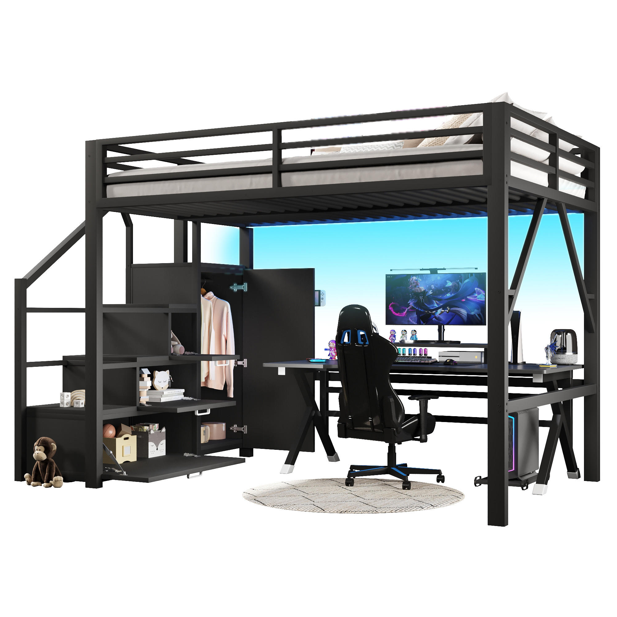 HOCHBETT 140/200 cm in Schwarz mit Kleiderschrank, Staufächern und LED aus Metall im geradlinigen Design - Schwarz, Holzwerkstoff/Metall (140/200cm) - STILVORA