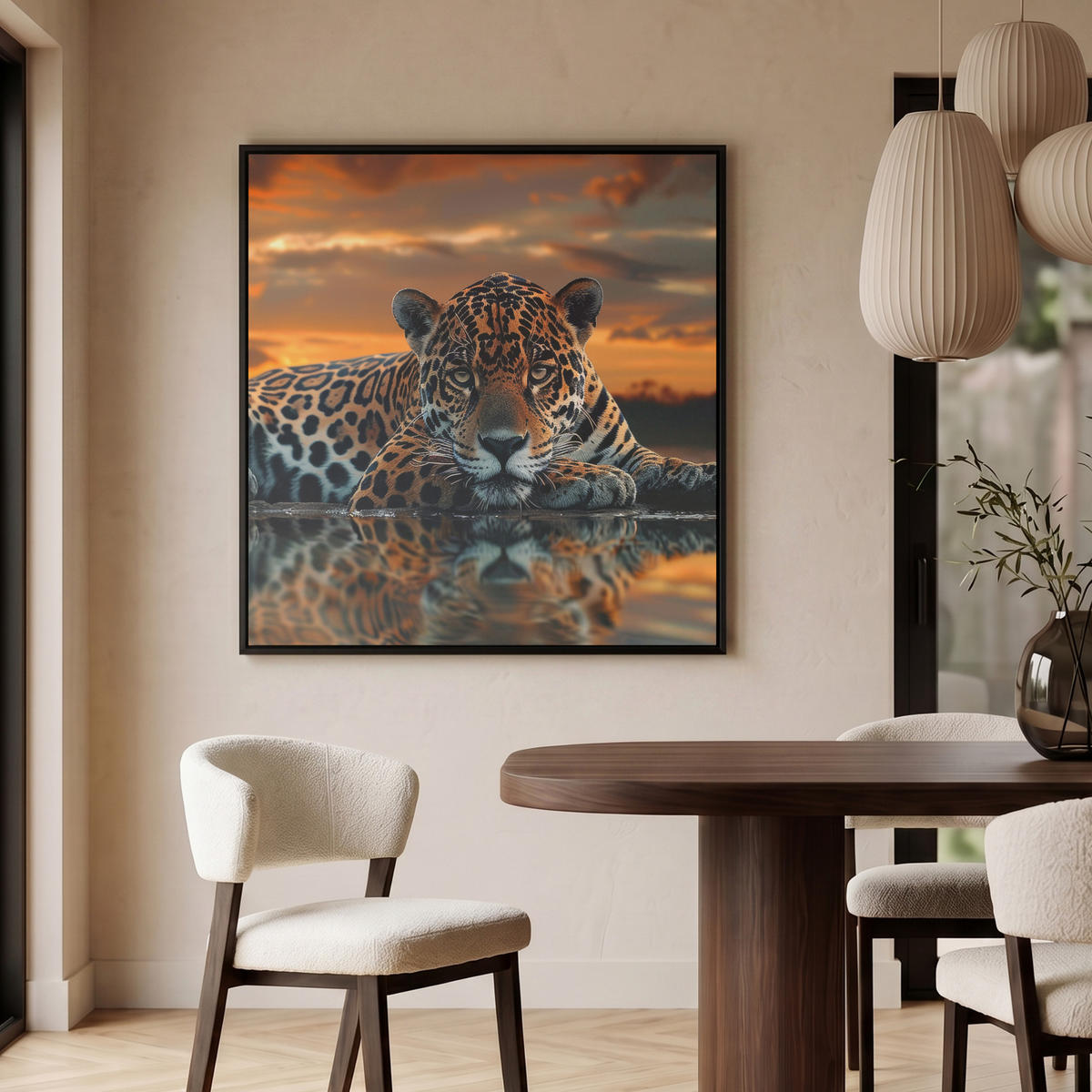 LEINWAND Bilder mit Rahmen - Natur - Leopard - Tier - Sonnenuntergang - Modern - 90x90 - Orange, Textil (90/90cm) - MuchoWow