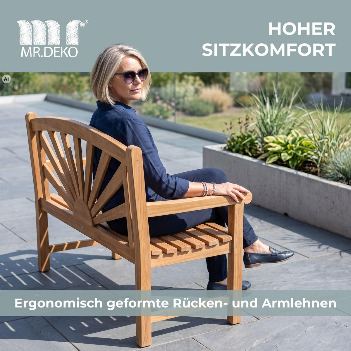 GARTENBANK Sonne - Naturfarben, Holz/Metall (120/94/60cm) - Mr. Deko