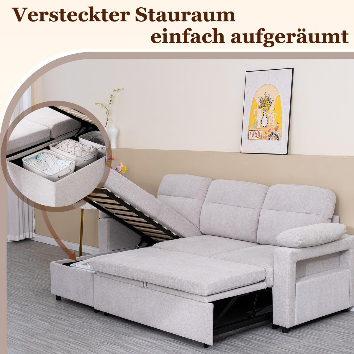 ECKSOFA mit Schlaffunktion, Stauraum und Getränke-Handyhalter, beidseitig montierbar, Leinenstoff - Hellgrau, Metall (143/90/203cm)