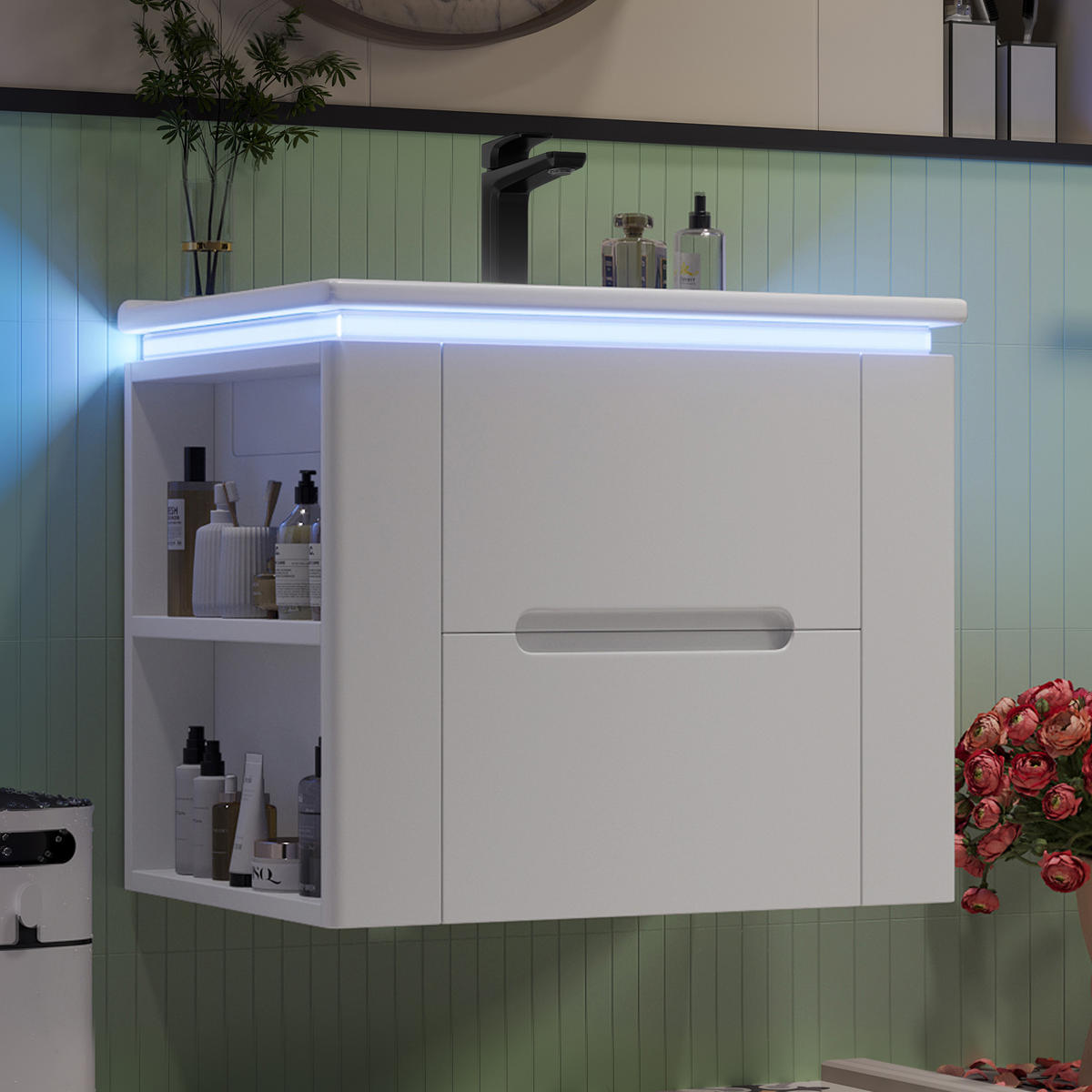 WANDMONTIERTER Badezimmerschrank 61x46x48.5cm in Weiß mit Radar-Sensor-LED & Keramikbecken - Weiß, Holzwerkstoff (61/48.5/46cm) - Modfu