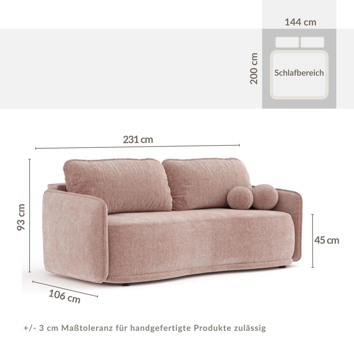 SCHLAFSOFA Mitsis Rosa Chenille - Schwarz/Rosa, Holz/Holzwerkstoff (231/93/106cm) - Maison de Reve