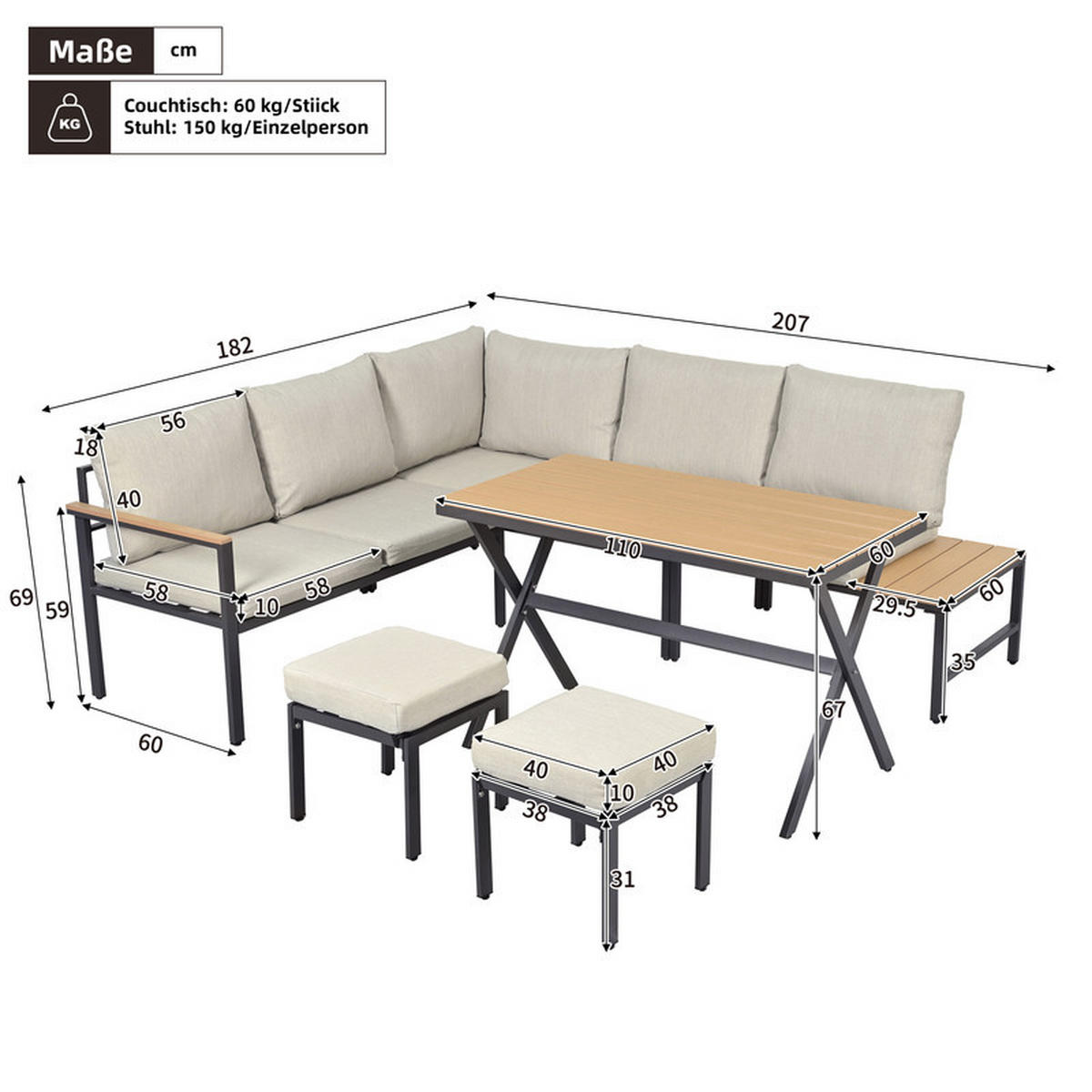 GARTENLOUNGE-SET GRAUBEIGE 4-teilig mit Ecksofa 2 Hockern und Esstisch inkl. Kissen - Beige, Textil - BLACKCUP