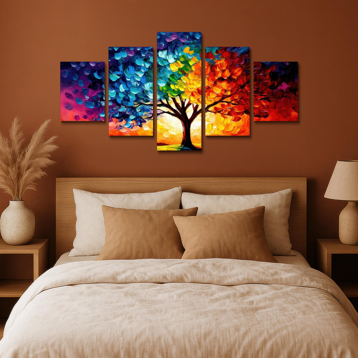 LEINWANDBILD 5er Set Baum - Farbenfroh - Malerei-Look - Abstrakt 150x80 cm - Multicolor, Textil (150/80cm) - MuchoWow