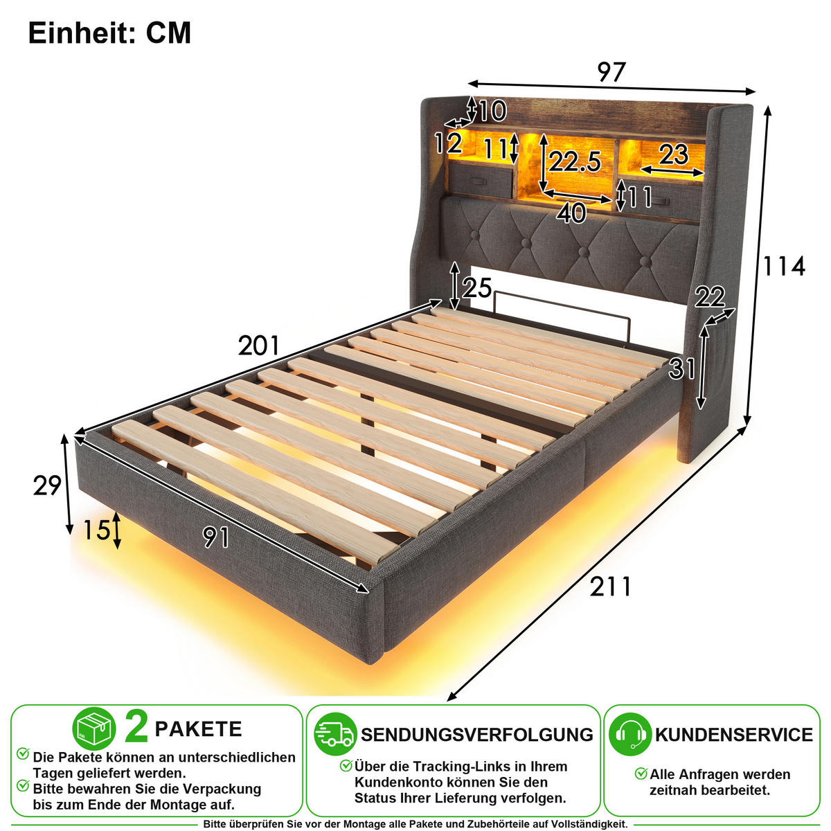 POLSTERBETT 90/200 cm in Grau mit Regal, Schublade, LED und USB Leinen - Grau, Holzwerkstoff/Textil (90/200cm) - CHICFURN
