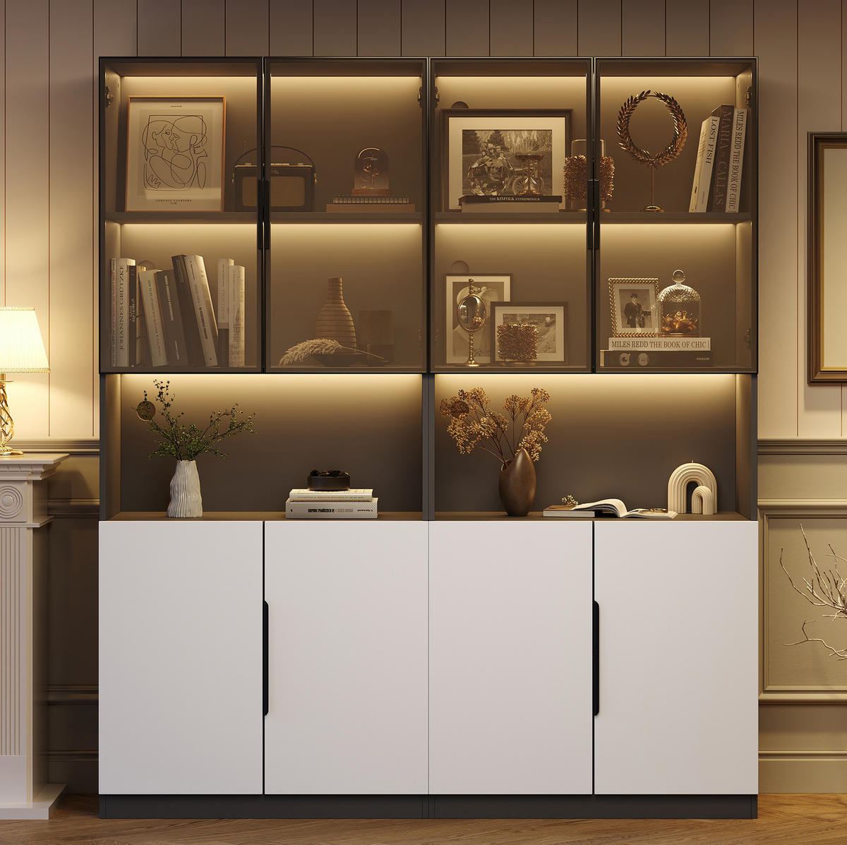 VITRINE 160/30/200 cm aus Spanplatte mit LED-Beleuchtung und Glastüren Weiß/Schwarz - Weiß, Holzwerkstoff (30/200/160cm) - Modenvie