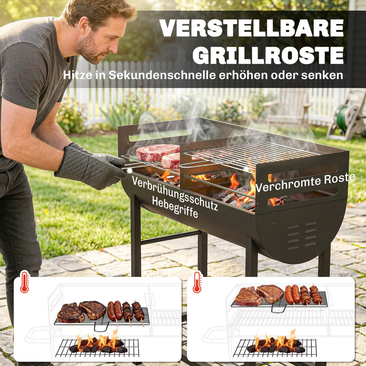 HOLZKOHLEGRILL mit Räder aus Metall Schwarz - Schwarz, Metall (46.5/100/103cm) - Outsunny