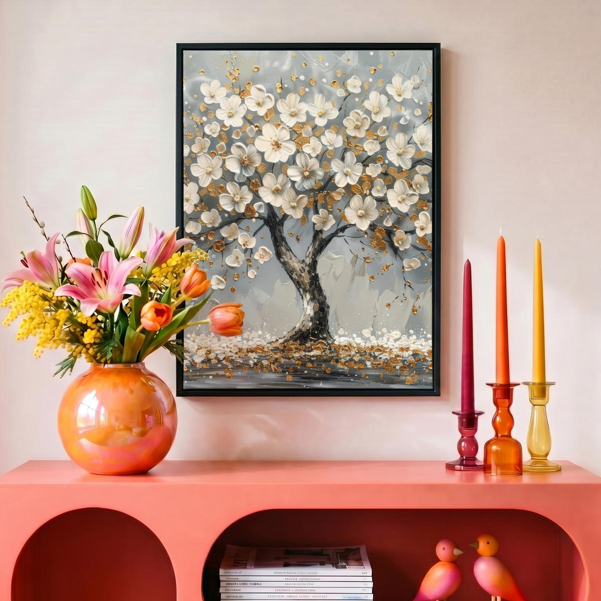 LEINWAND Bilder mit Rahmen - Baum - Blumen - Weiß - Natur - Kunst - 30x40 - Weiß, Textil (30/40cm) - MuchoWow