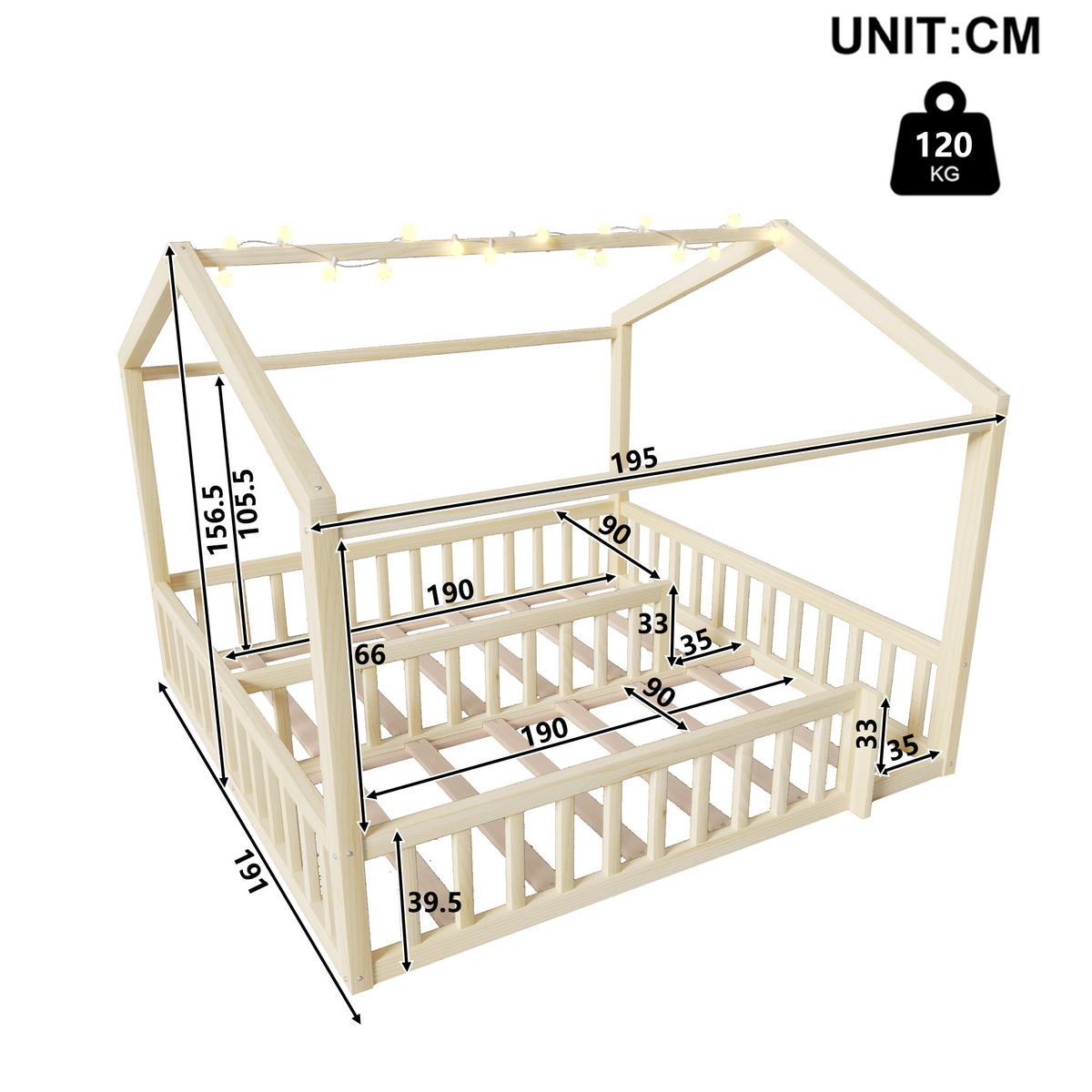KINDERBETT 90/190 cm & 180/190 cm in Natur mit LED und Gitter Kiefernholz Hausbett - Naturfarben, Holzwerkstoff (90/190cm) - STILVORA