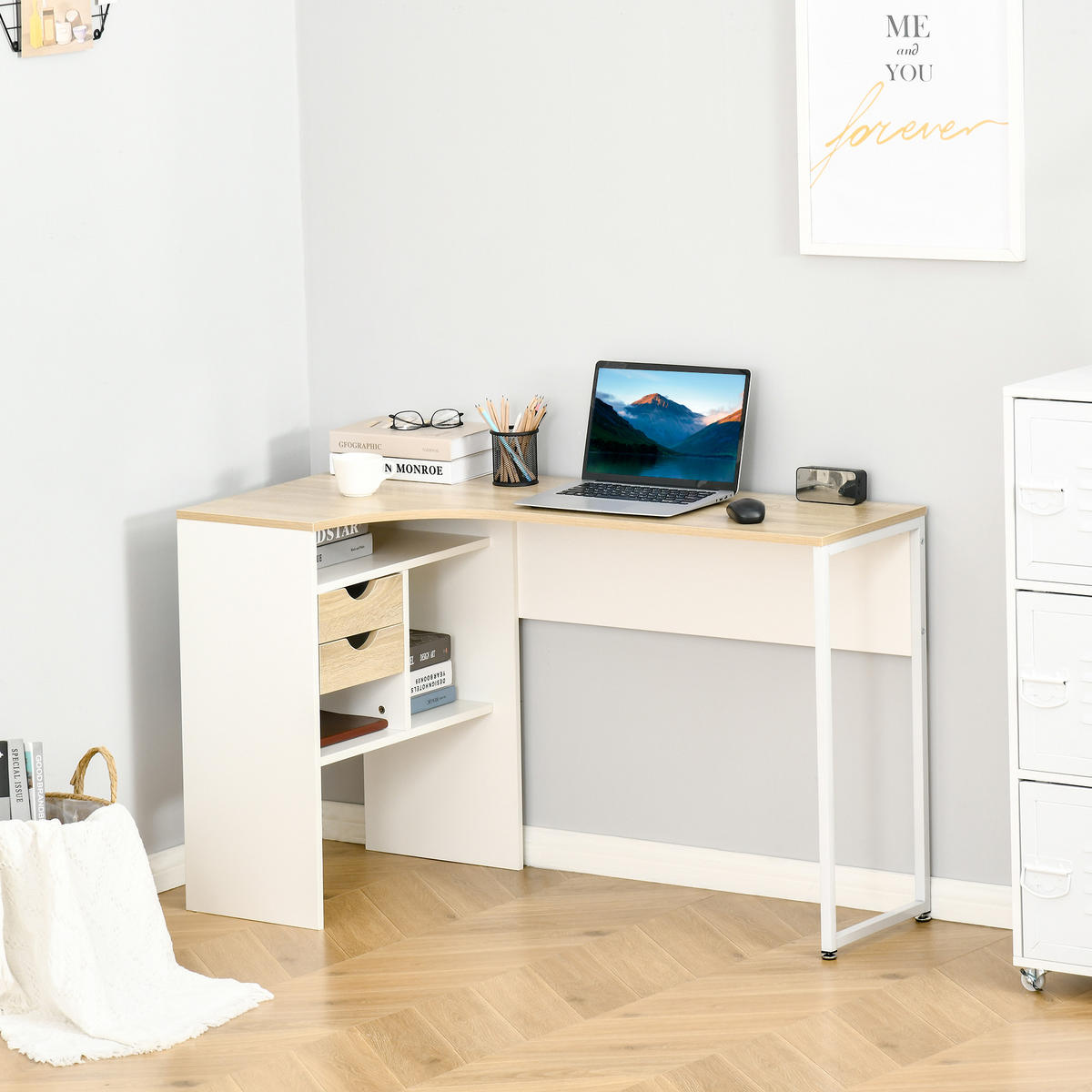 ECKSCHREIBTISCH Eiche-Optik hell mit 2 Schubladen und 3 Fächern 120/60/74 cm - Weiß, Holzwerkstoff (60/120/74cm) - PANGIVO