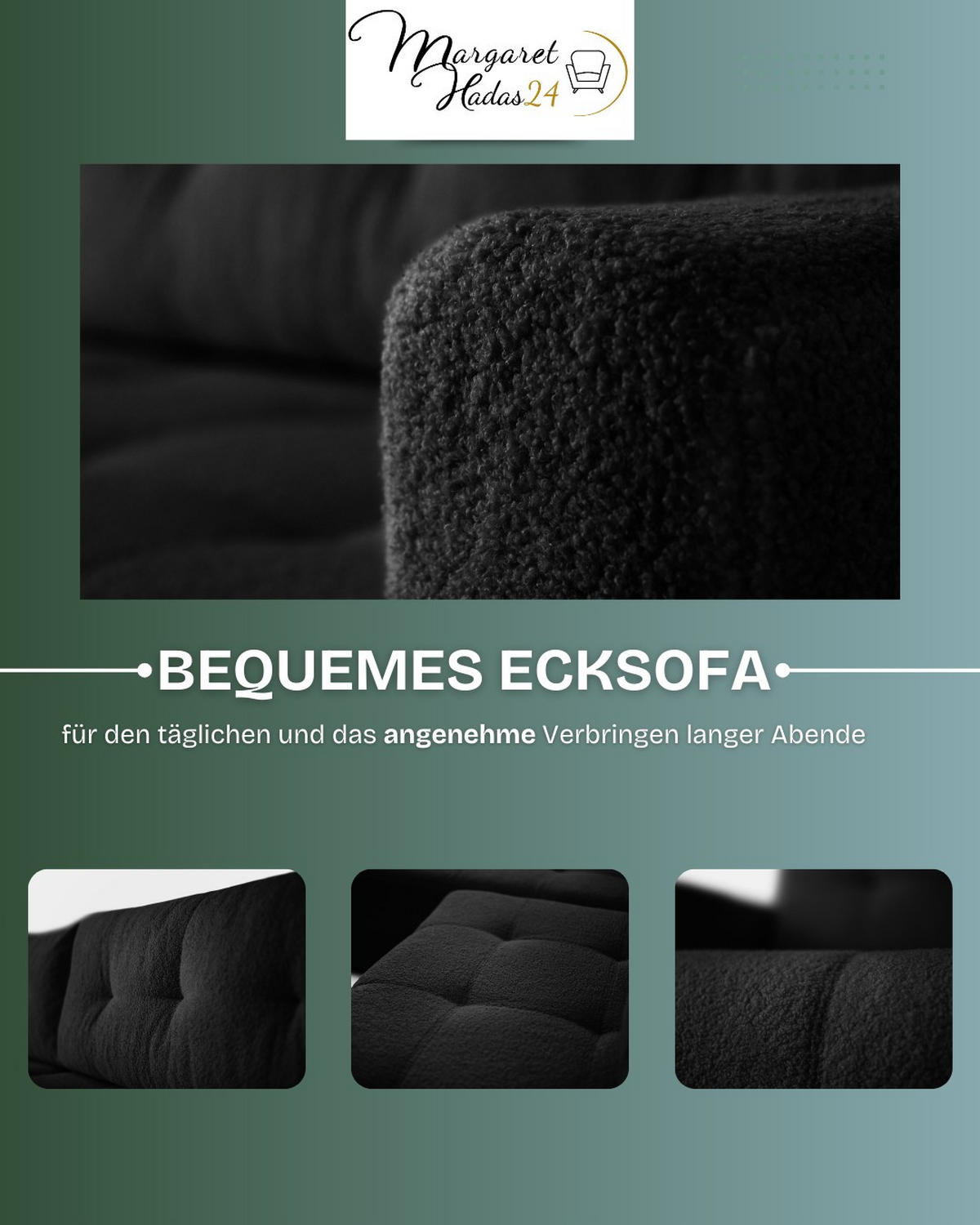ECKSOFA Viola in L-Form, schwarz, Lammfelloptik, 261 x 143 cm mit Schlaffunktion und Bettkasten - Schwarz, Textil (261/143cm) - Margaret Hadas24