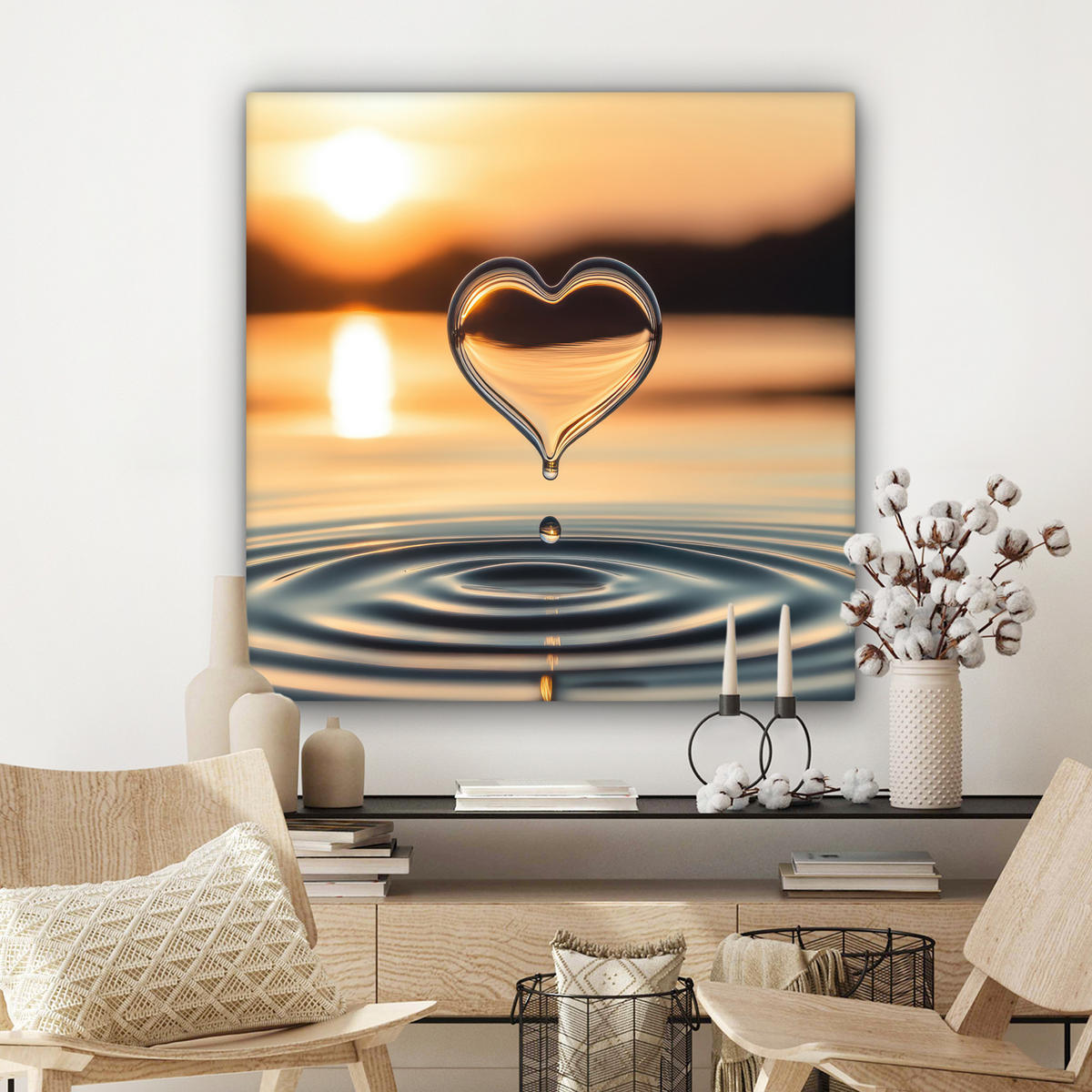 LEINWANDBILD - Herz - Wasser - Sonnenuntergang - Natur - Zen - 90x90 - Gemälde - Bernsteinfarben, Textil (90/90cm) - MuchoWow