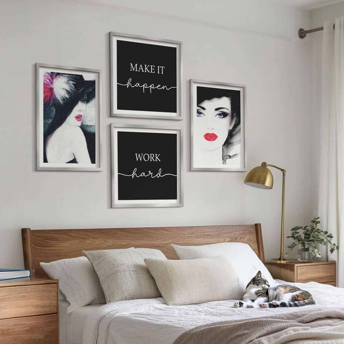 BILDER SET 4er Set - 50x50 cm & 40x60 cm Silberner Rahmen - Porträts von Frauen mit Lippen - Silberfarben, Kunststoff (50/50cm) - TULUP
