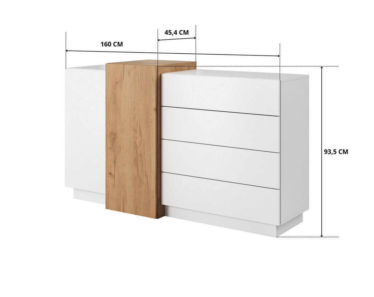 KOMMODE Viano F 160 cm Weiß / Eiche Craft Gold - mit 2 Türen und 4 Schubladen - Eichefarben/Weiß, Holz/Holzwerkstoff (160/93/45cm) - Ravio