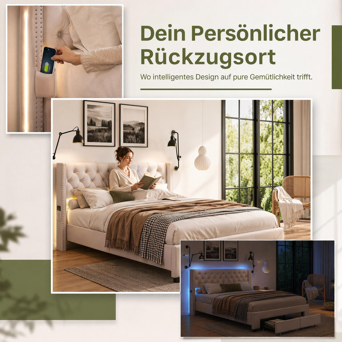 POLSTERBETT 180x200 mit LED und USB, Stauraum, Lattenrost und 2 Schubladen, doppelbett 180x200, Samt Ecru - Ecru, Holz/Textil (180/200cm) - GENKI LIVING