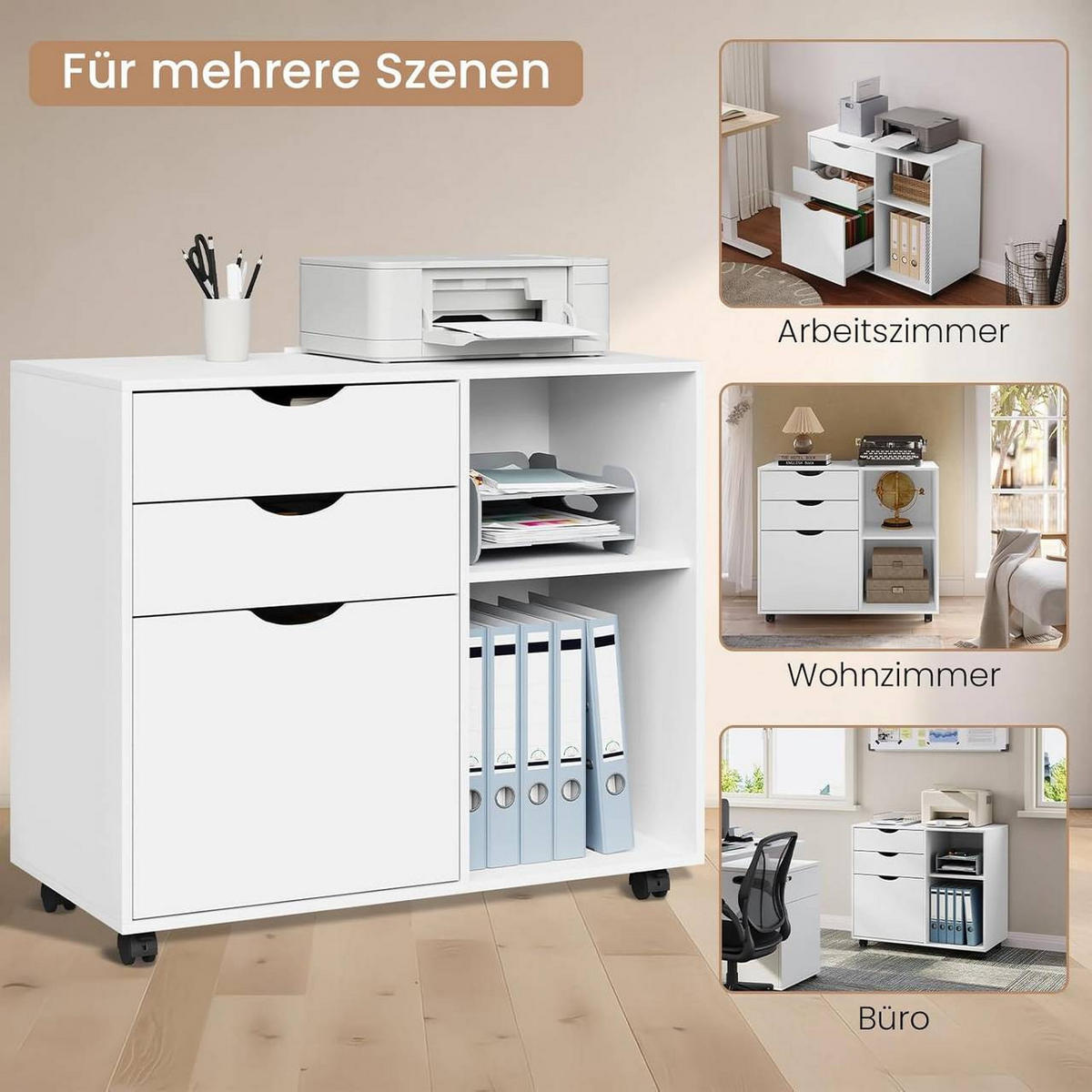 ROLLCONTAINER mit 3 Schubladen,5 Rollen, Weiß - Schwarz/Weiß, Holzwerkstoff (80/69.5/39.5cm) - Woltu