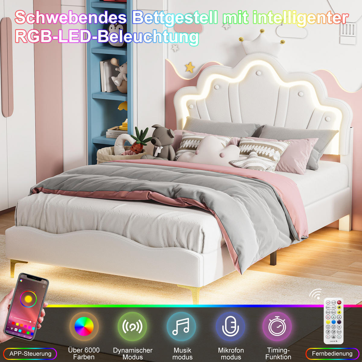 ČALÚNENÁ posteľ 140x190 cm s LED osvetlením, korunou a PU poťahom, biela - biela, kov (140/190cm) - EuroLiving