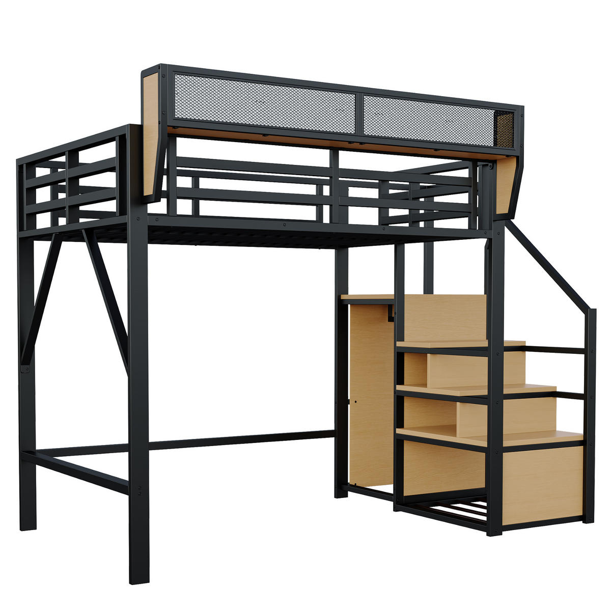 HOCHBETT 140 x 200 cm mit Sicherheitsleiter und Stauraum, Metallkonstruktion, schwarz - Schwarz, Metall (140/200cm) - KOMHTOM