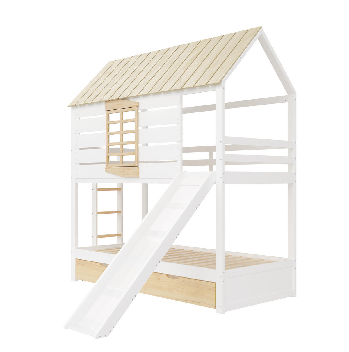 ETAGENBETT 90/200 cm Weiß aus Kiefer mit Rutsche und Ausziehbett - Weiß, Holzwerkstoff (90/200cm) - OKWISH