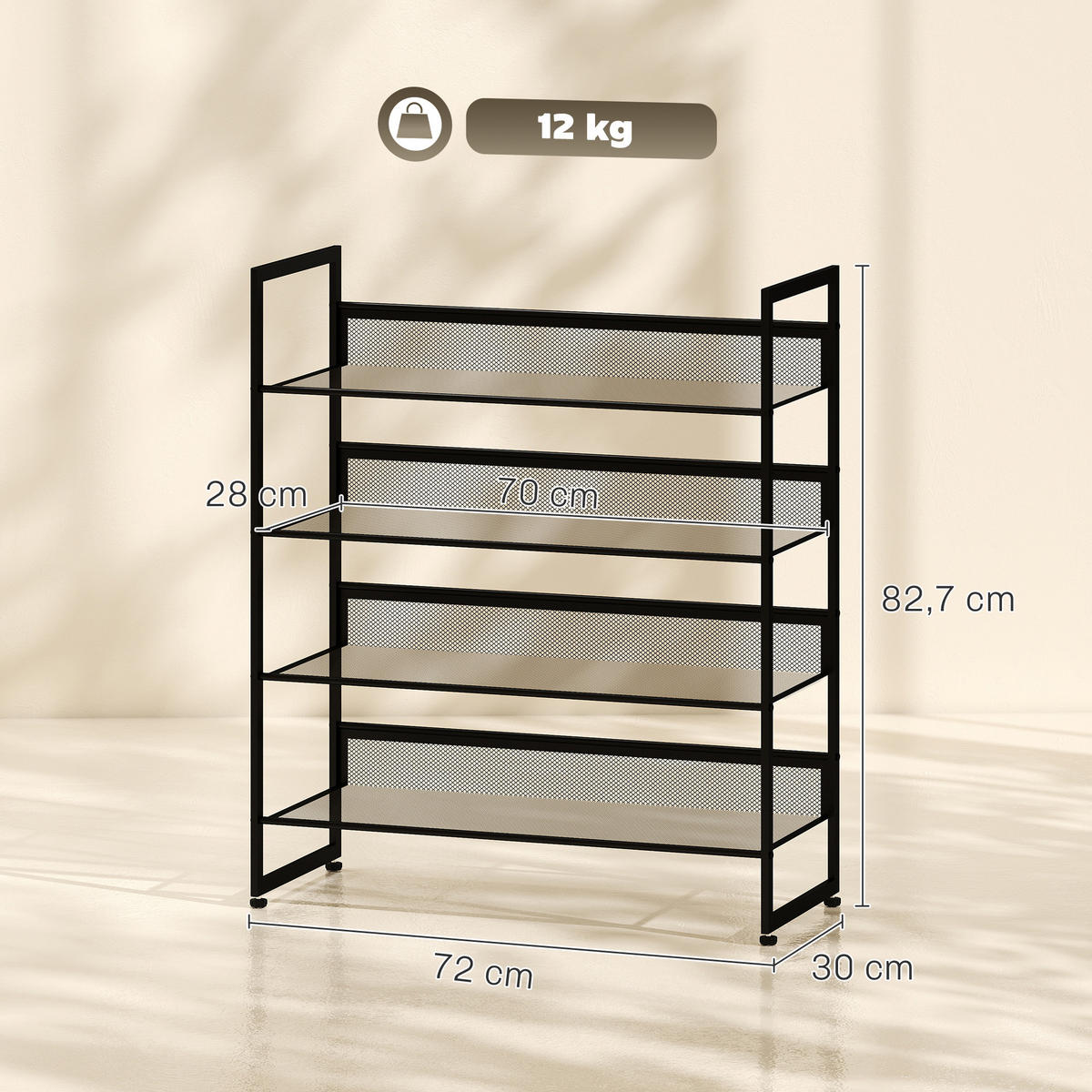 SCHUHREGAL, für max. 12 Paar Schuhe, Stahl, 72 x 30 x 82.7 cm, Schwarz - Schwarz, Metall (30/82.7/72cm) - HOMCOM