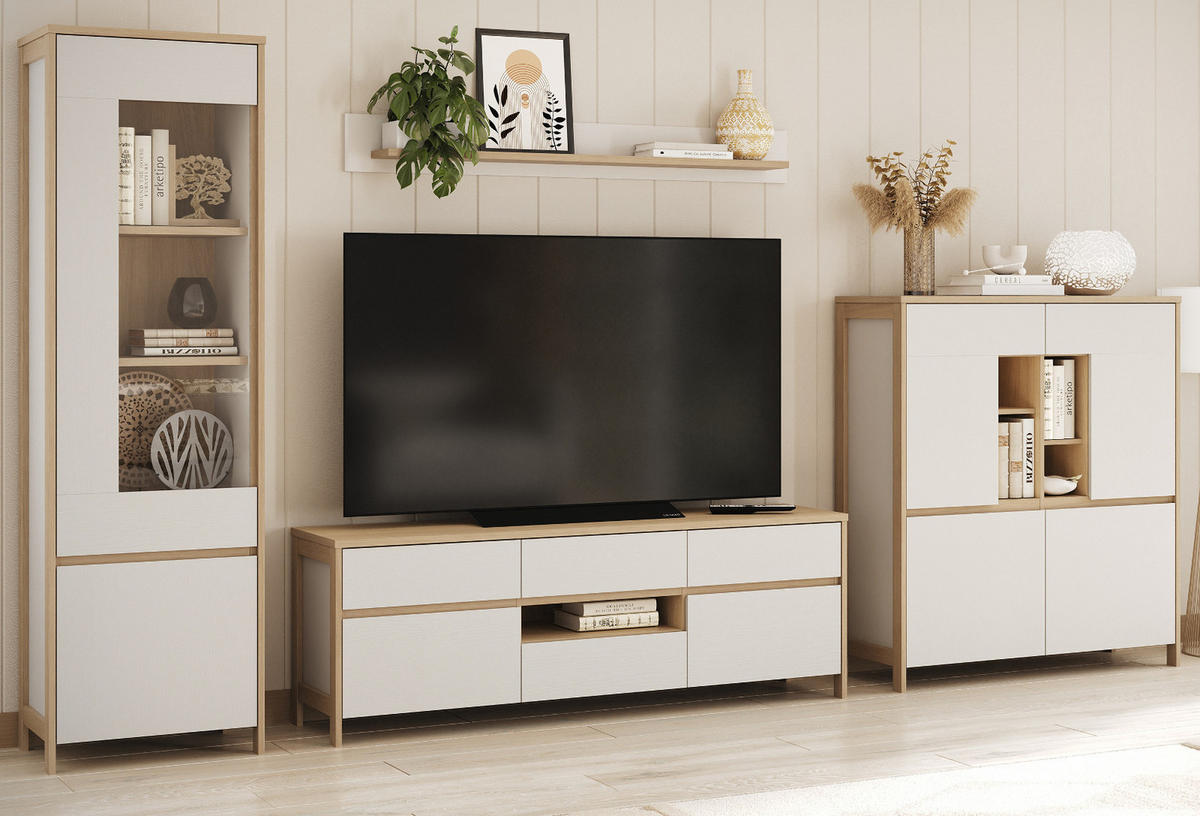 WOHNWAND weiß, Eiche 4-teilig 360 cm, Wohnkombination skandinavisch mit Soft-Close, Finnes - Eichefarben/Weiß, Holzwerkstoff/Metall (363/195/39cm) - Furn.Design