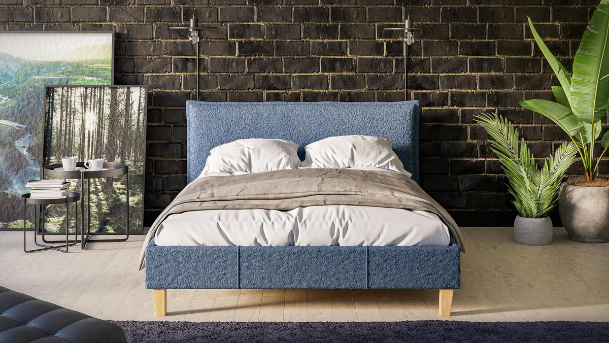 POLSTERBETT Arles 140/200 cm Boucle-Stoff - Blau/Hellbraun, Holz/Textil (140/200cm) - S-Style Möbel