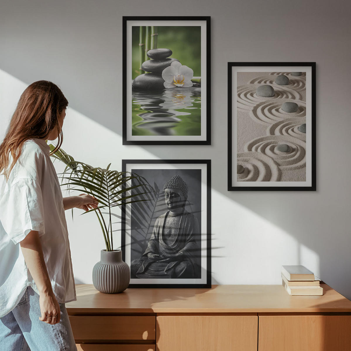 BILDER SET 3er Set - 40x60 cm Schwarzer Rahmen - Entspannender Blick auf den Zen-Buddha - Schwarz, Kunststoff (40/60cm) - TULUP
