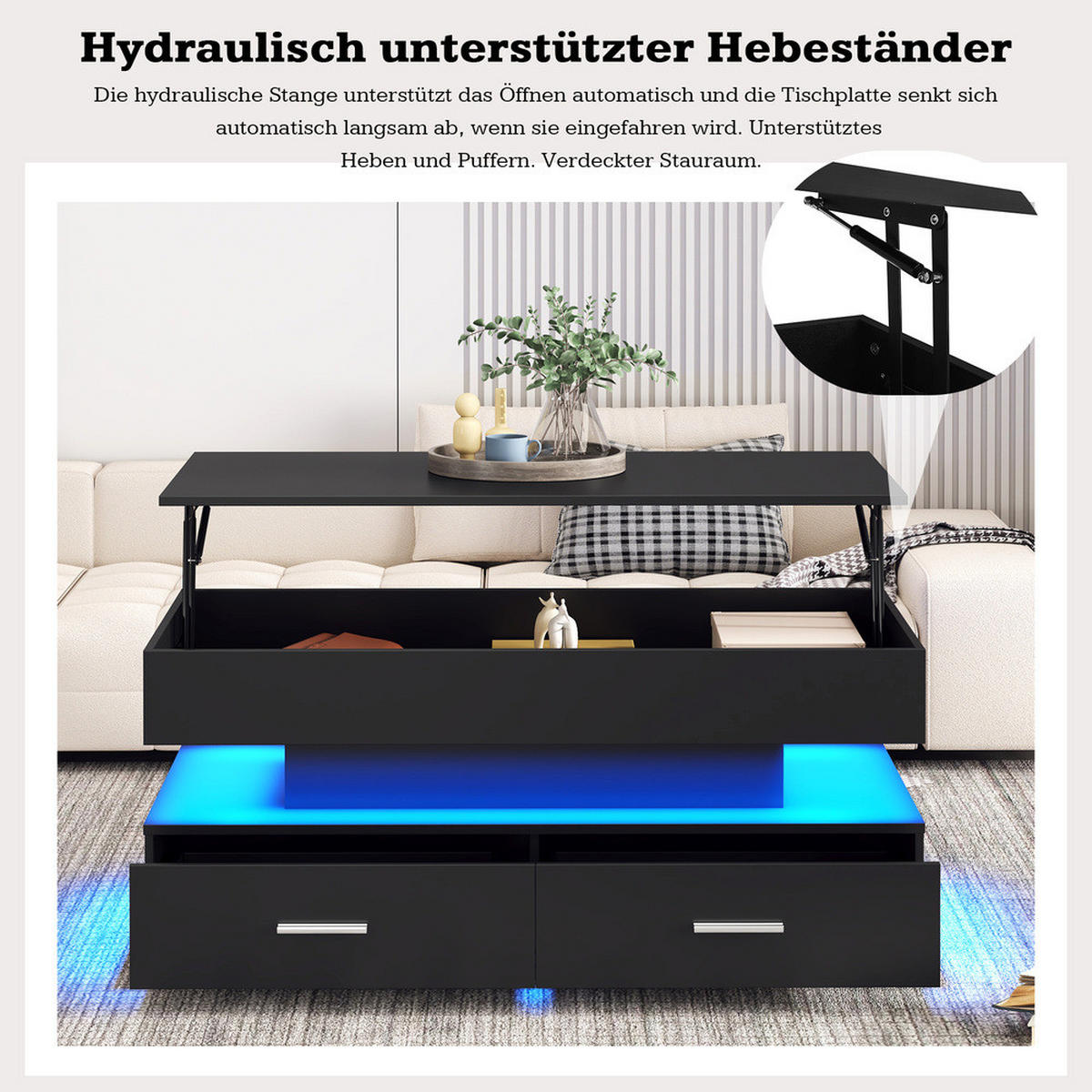 COUCHTISCH 100x50cm Hydraulisch Höhenverstellbar Schwarz LED Bluetooth - Schwarz, Holz (110/60.5/11.5cm) - FLIEKS