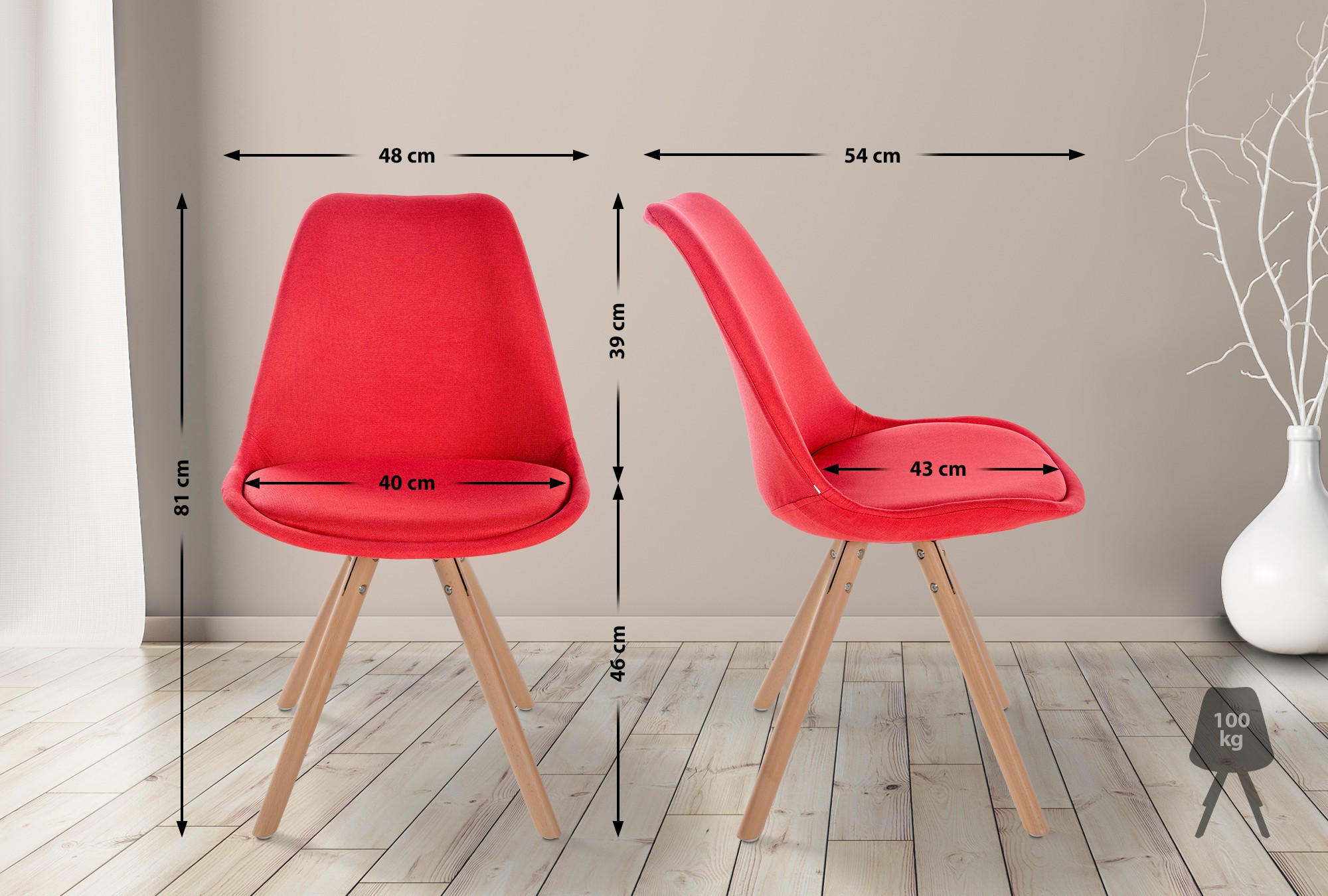 STUHL Stoff rot - Eukalyptusholzfarben/Rot, Holz/Textil (48/81/54cm) - CLP